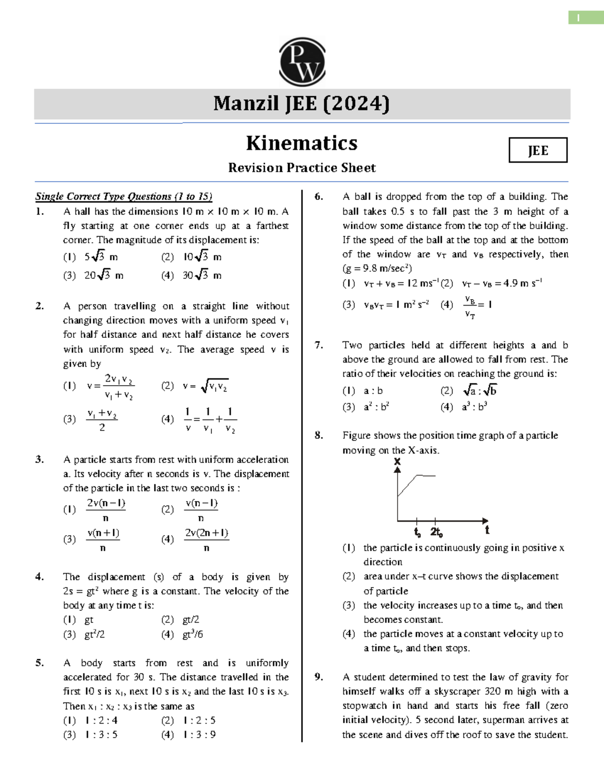 Kinematics 1st Year Solutions For The Lesson Kinematics Motion In 1 D ...