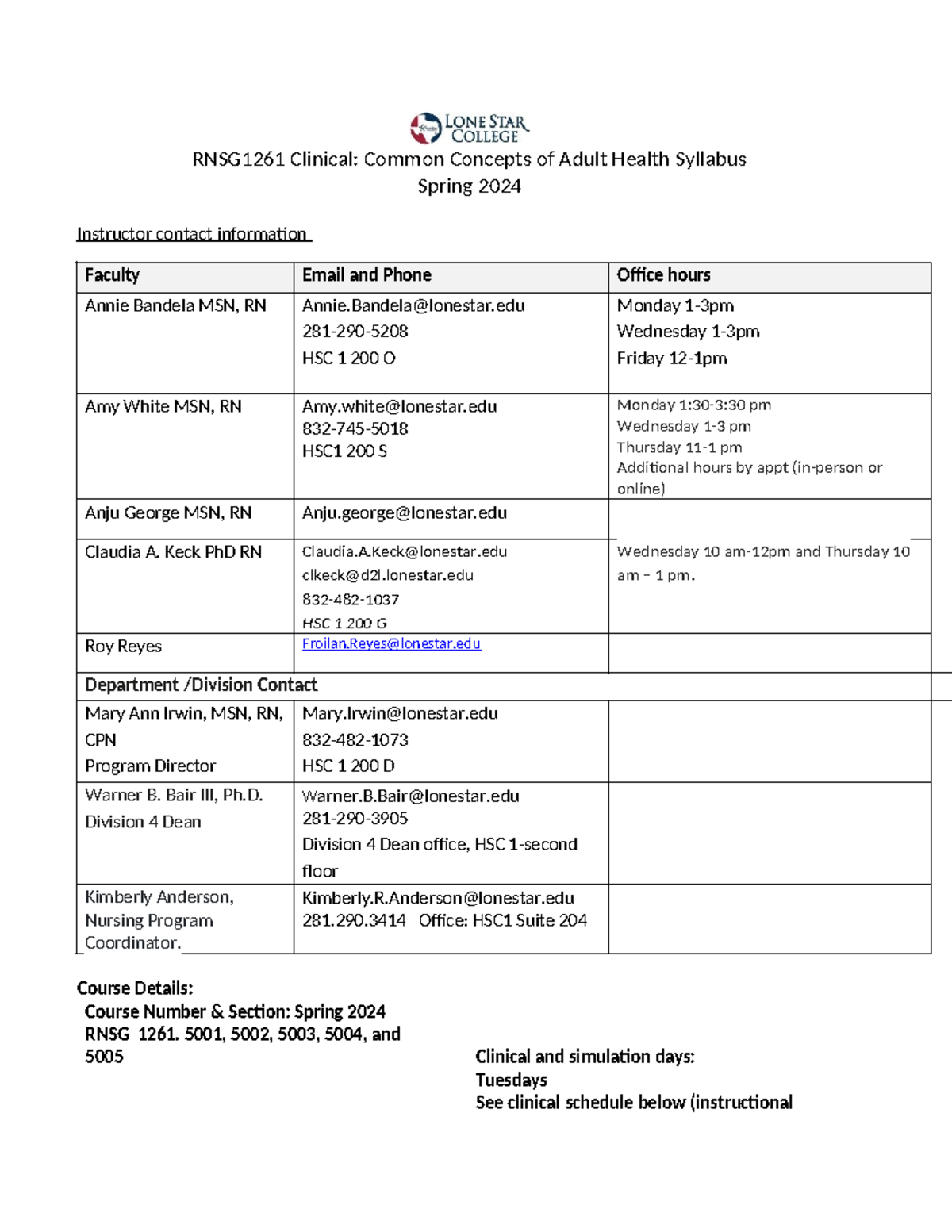 RNSG 1261 Syllabus s Pring 2024-1 - RNSG1261 Clinical: Common Concepts ...