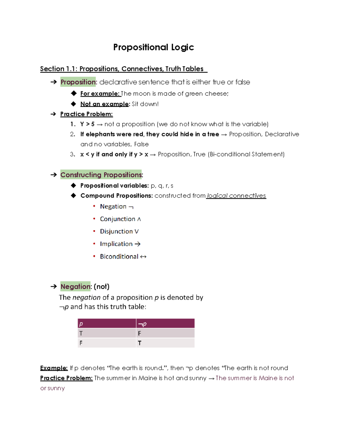 214 Midterm PREP - Propositional Logic Section 1: Propositions ...