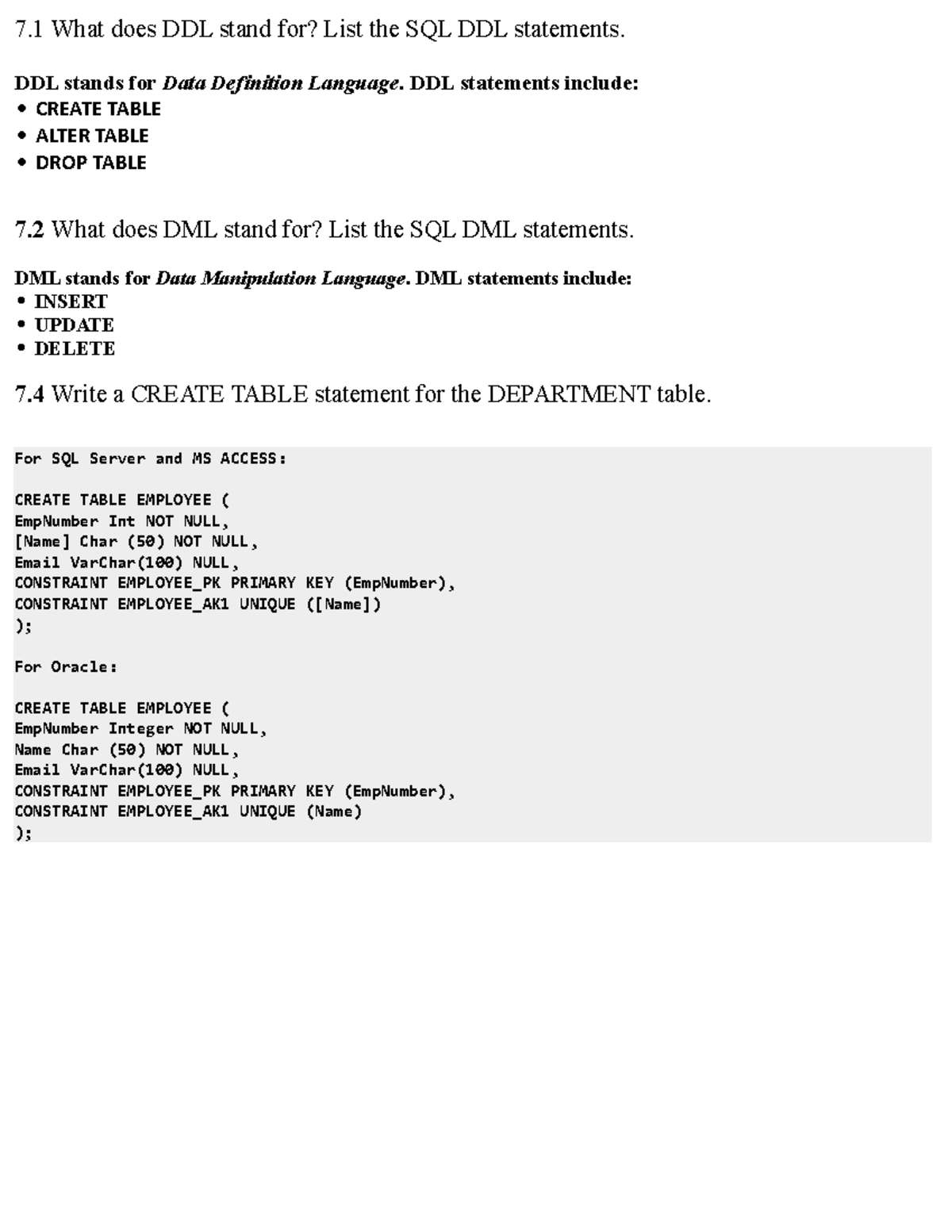 Docx - Lecture notes . - 7 What does DDL stand for? List the SQL DDL ...