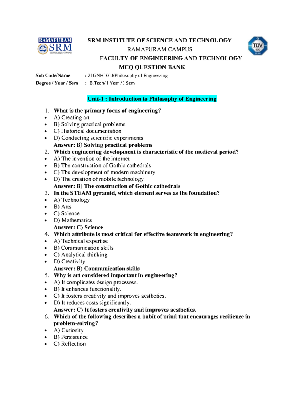 MCQ Question BANK- UNIT 1 & 2 - SRM INSTITUTE OF SCIENCE AND TECHNOLOGY ...