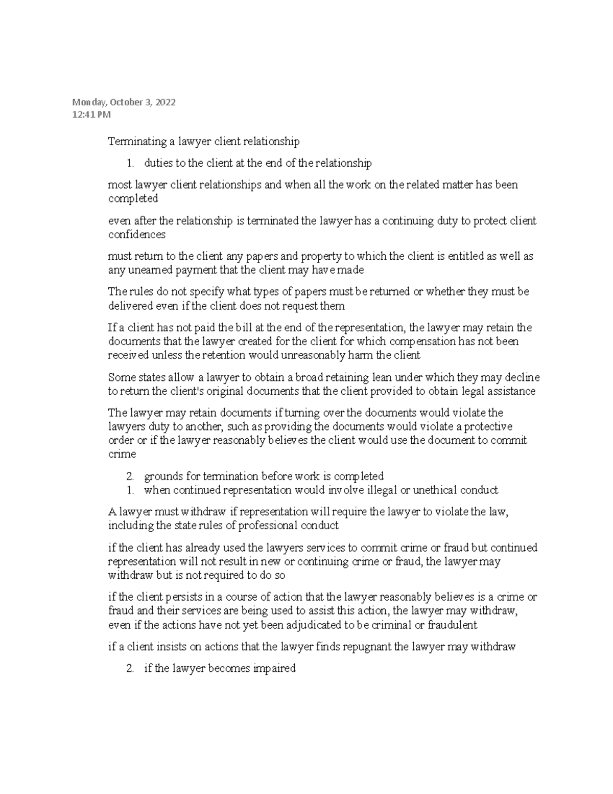 Terminating a lawyer client relationship Monday, October 3, 2022 12