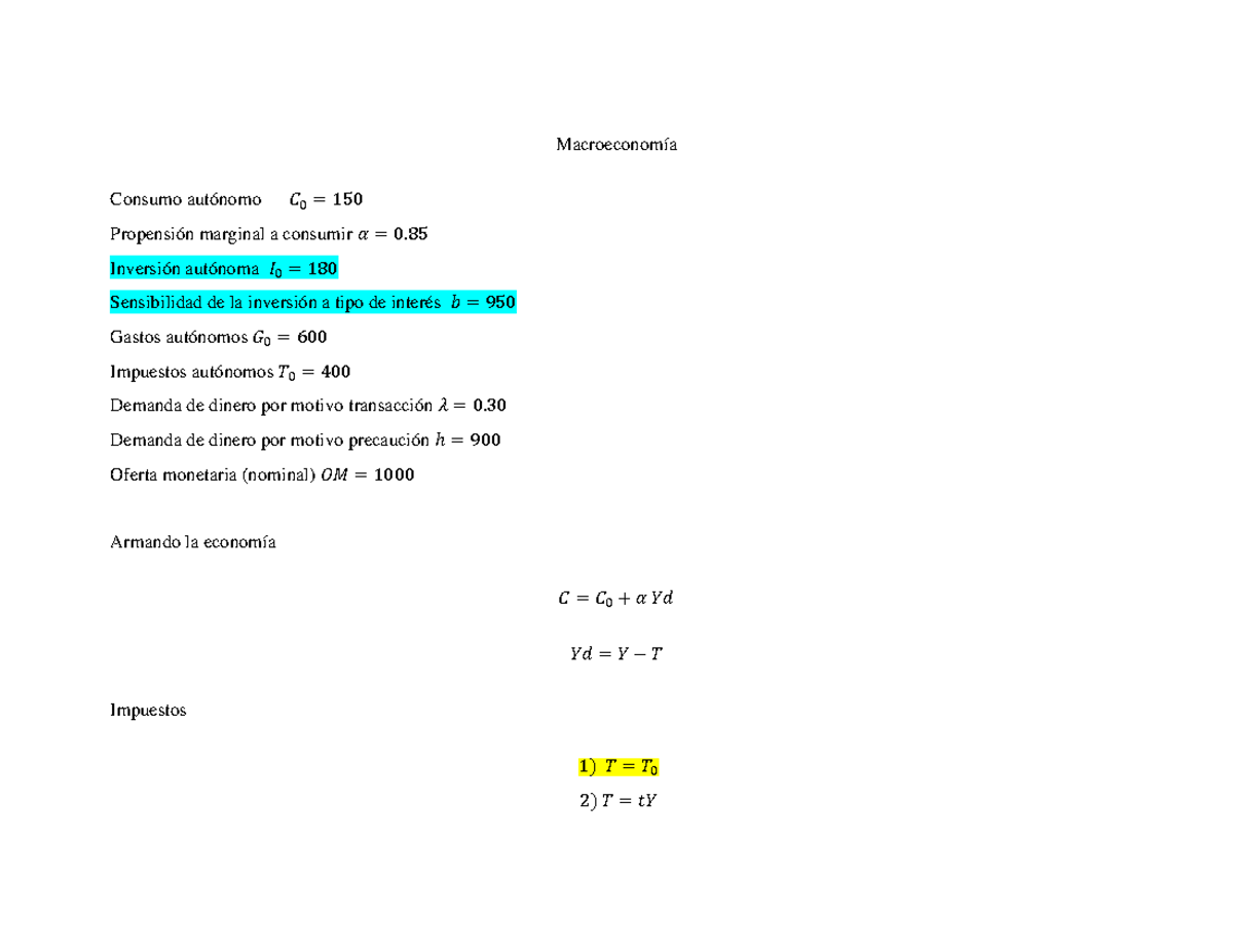 Macroeconomía ejercicio resuelto - Macroeconomía Consumo autónomo 𝐶 0