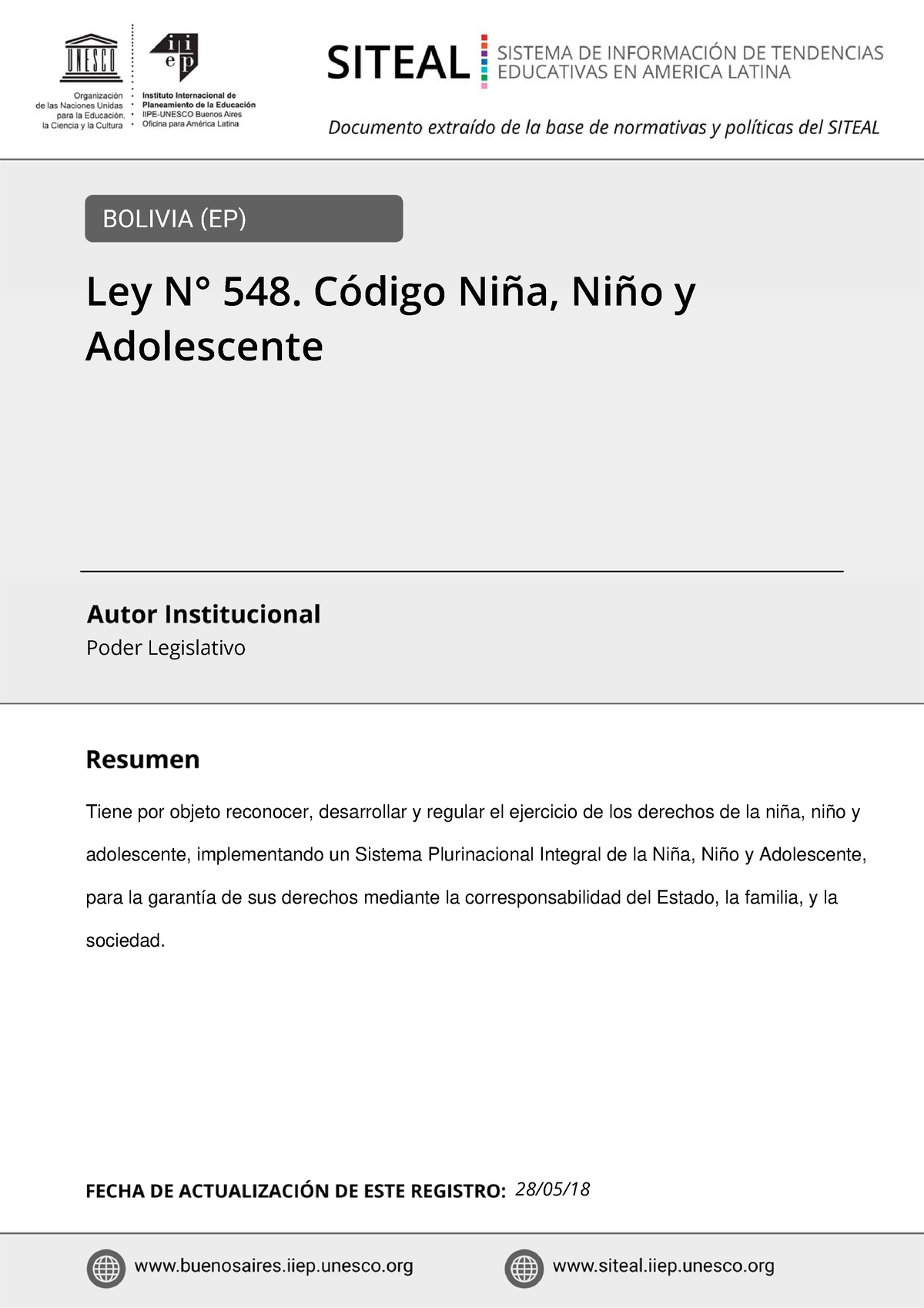 LEY N 548 - Ley 548 - BOLIVIA (EP) Poder Legislativo Tiene Por Objeto ...