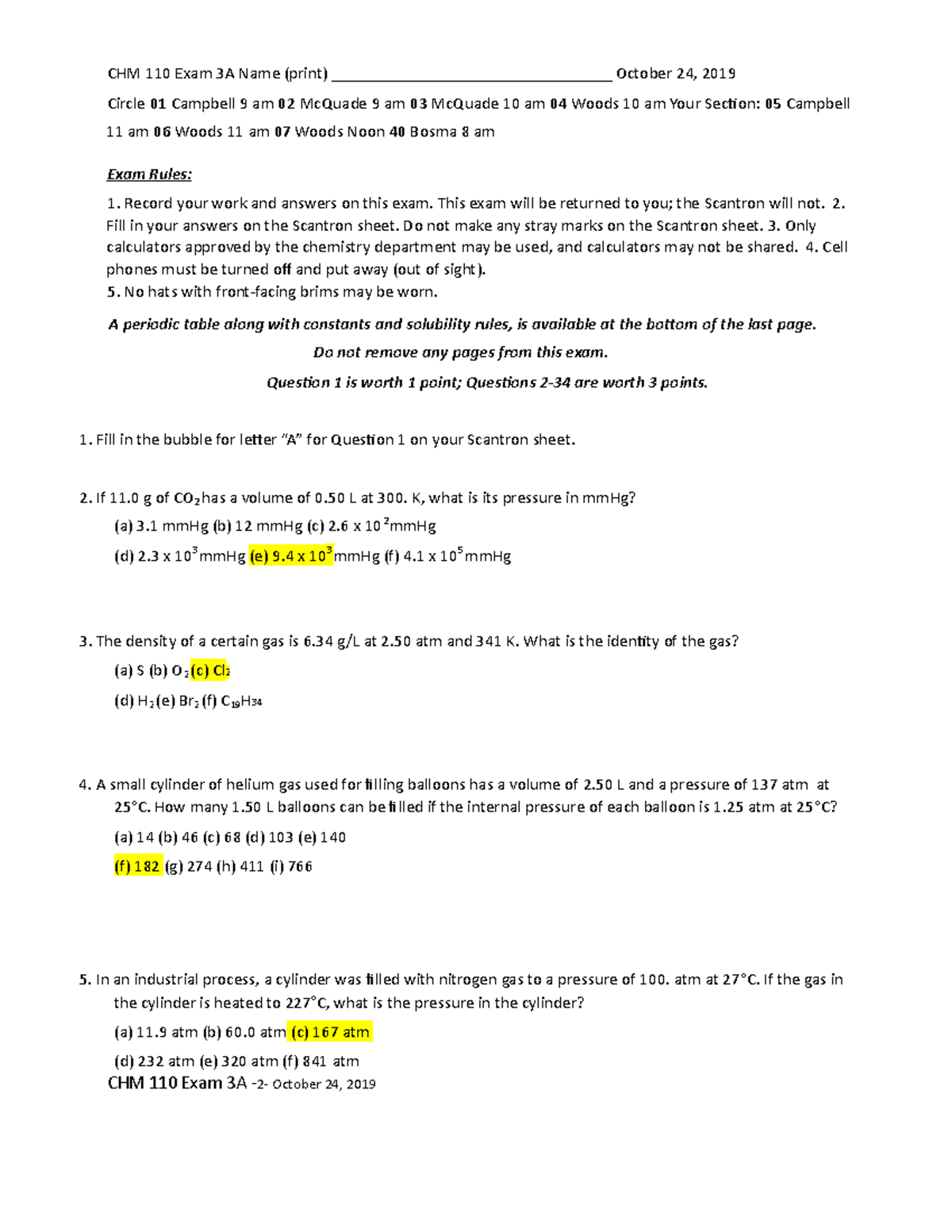 CHM 110 Exam 3 Fall 2019-2020 - CHM 110 Exam 3A Name (print