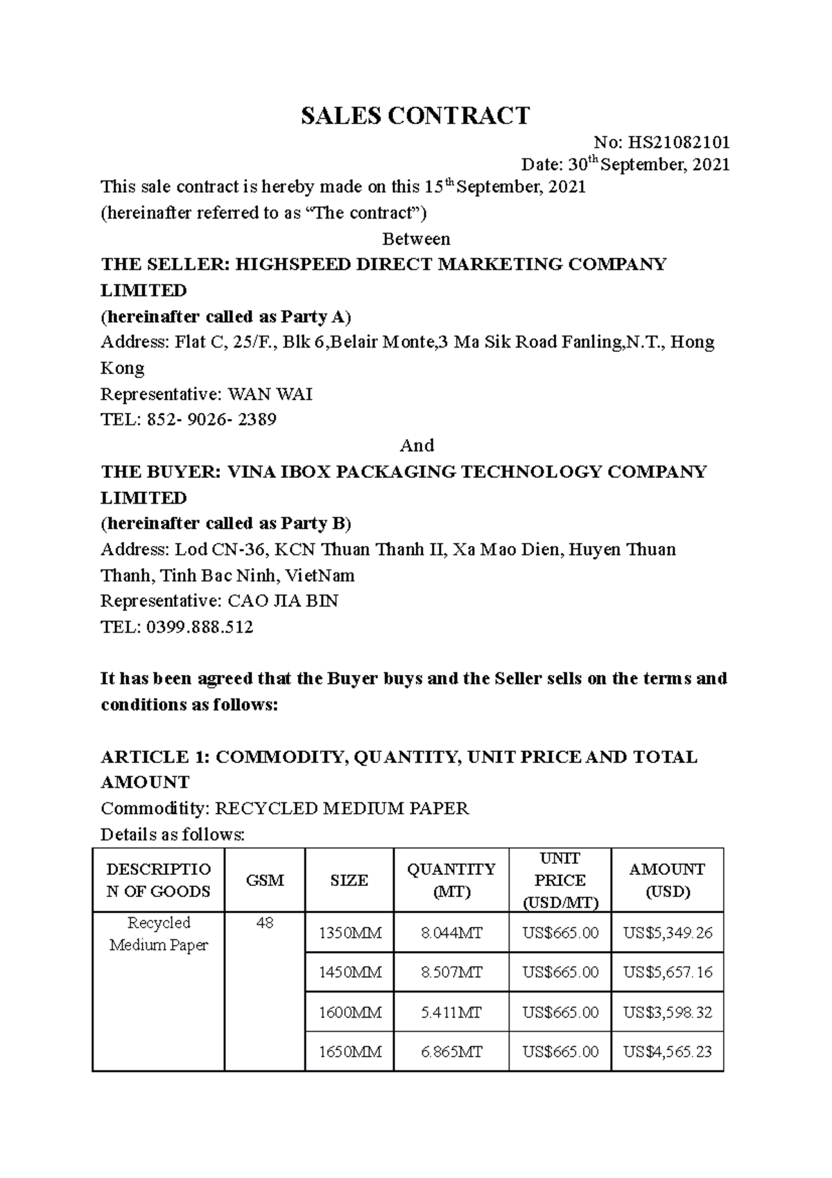 Sales- Contract - SALES CONTRACT No: HS Date: 30th September, 2021 This ...