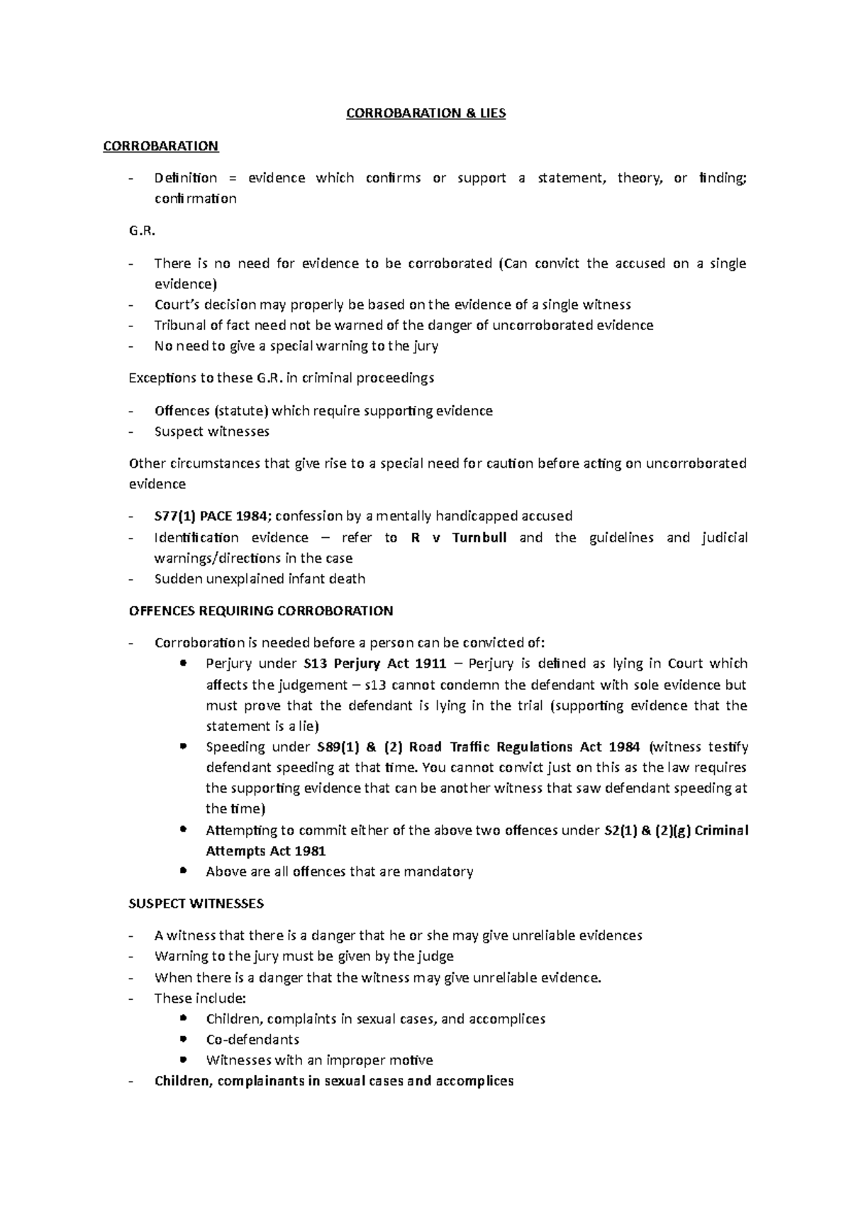Corrobaration Lecture Notes 16 Corrobaration Amp Lies Corrobaration Definition Evidence Studocu