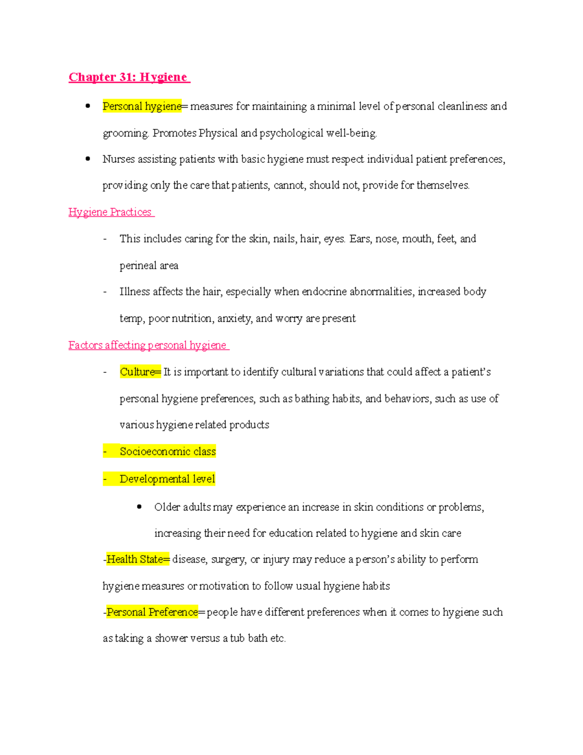 Chapter 31 Hygiene (Foundations) - Chapter 31: Hygiene Personal Hygiene ...