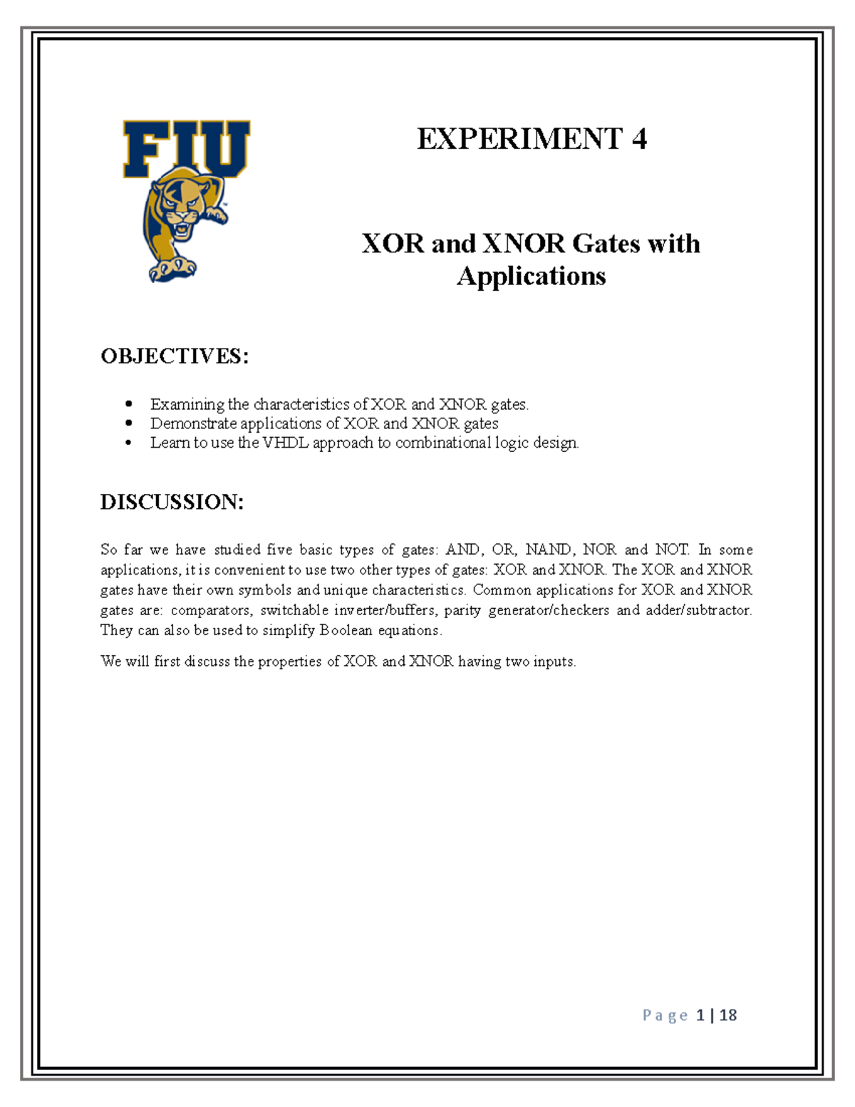 Experiment 4 - EXPERIMENT 4 XOR and XNOR Gates with Applications ...