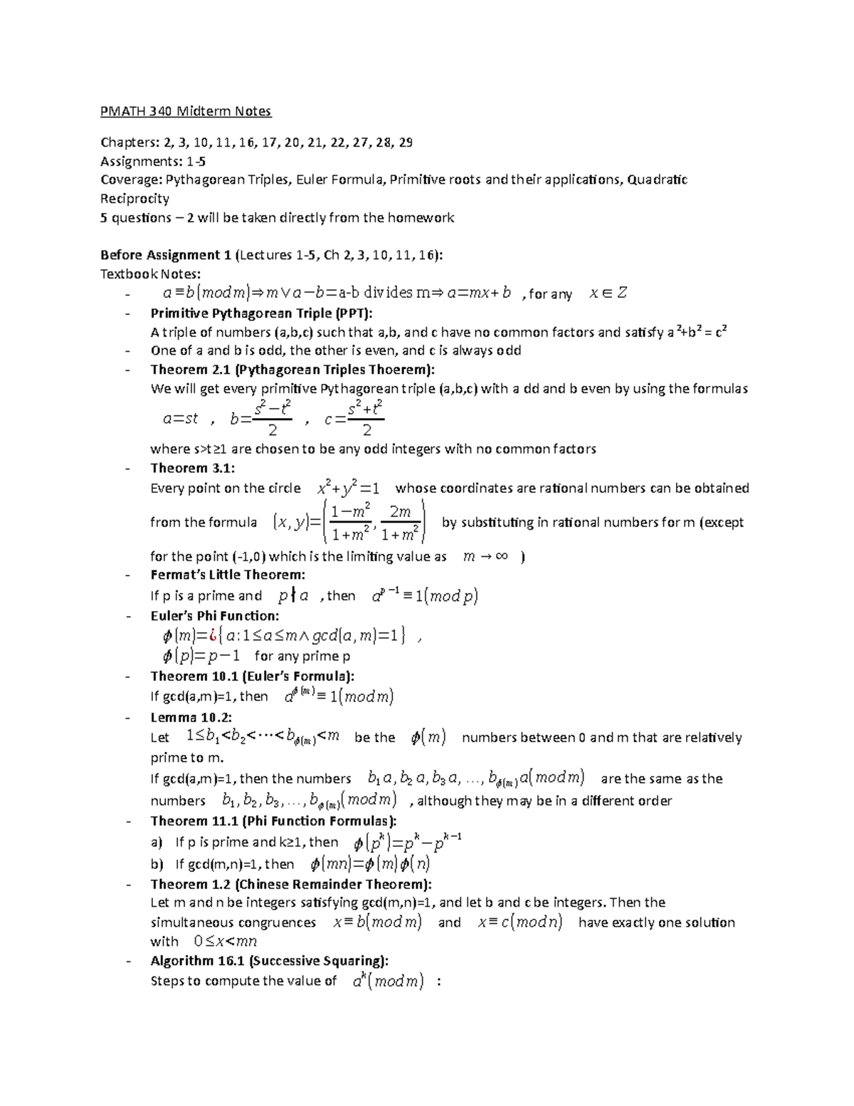 Pmath 340 Midterm Notes - PMATH 340 Midterm Notes Chapters: 2, 3, 10 ...