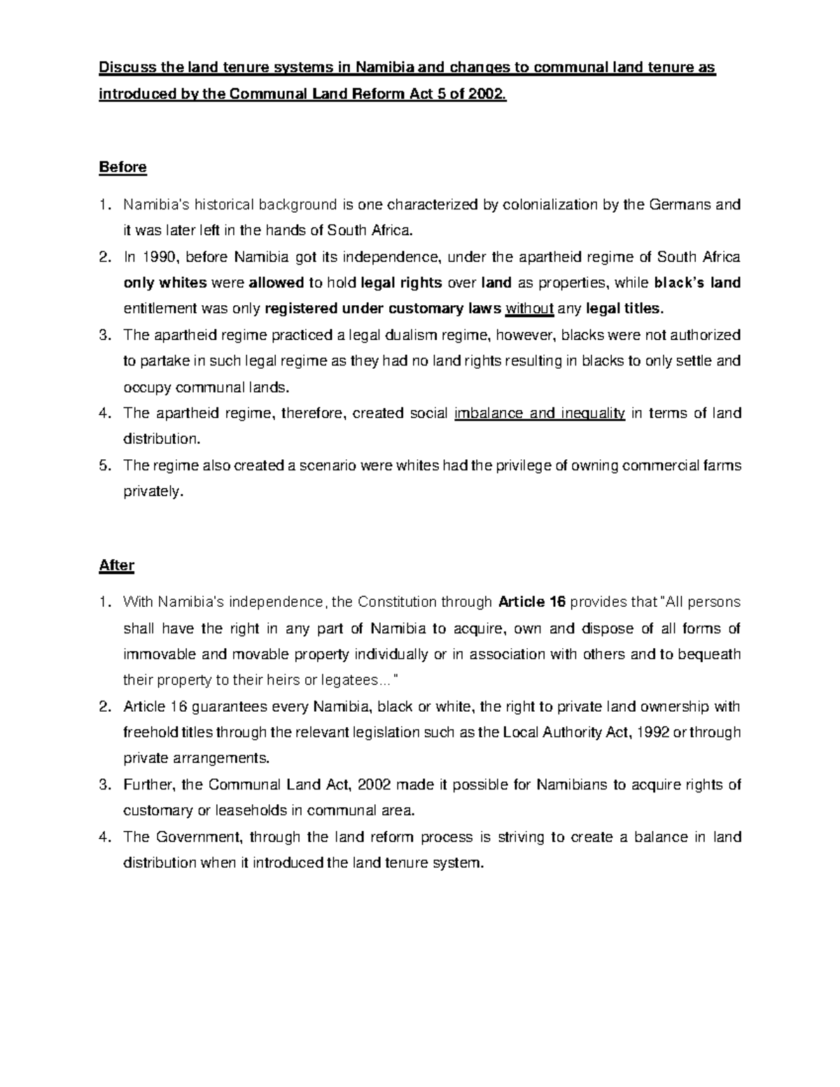 Discuss the land tenure systems in Namibia and changes to communal land
