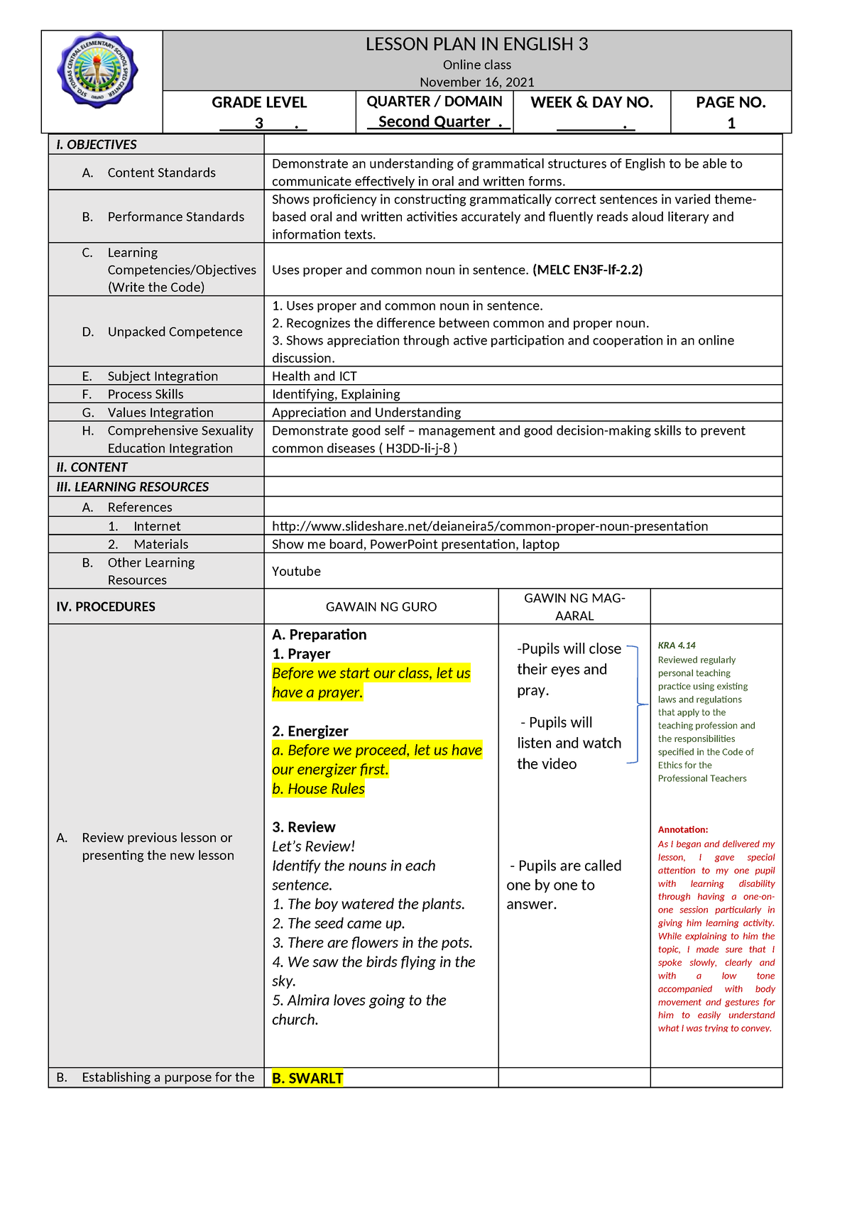 Detailed-Lesson-Plan- English-3- KRA 4. Reviewed regularly personal ...