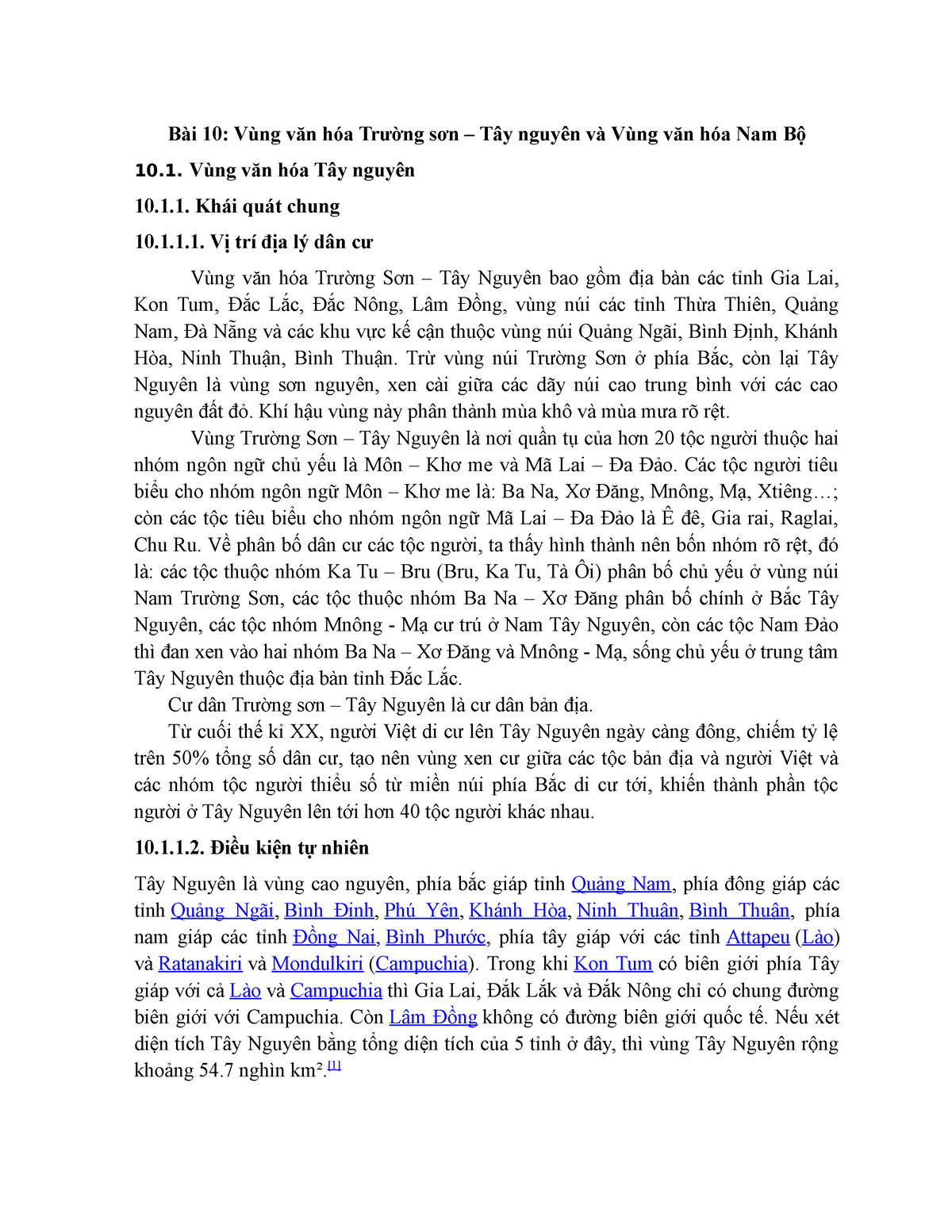 DCCT 10 - CSVH - Bài 10: Vùng văn hóa Trường sơn – Tây nguyên và Vùng văn hóa Nam Bộ 10. Vùng văn - Studocu