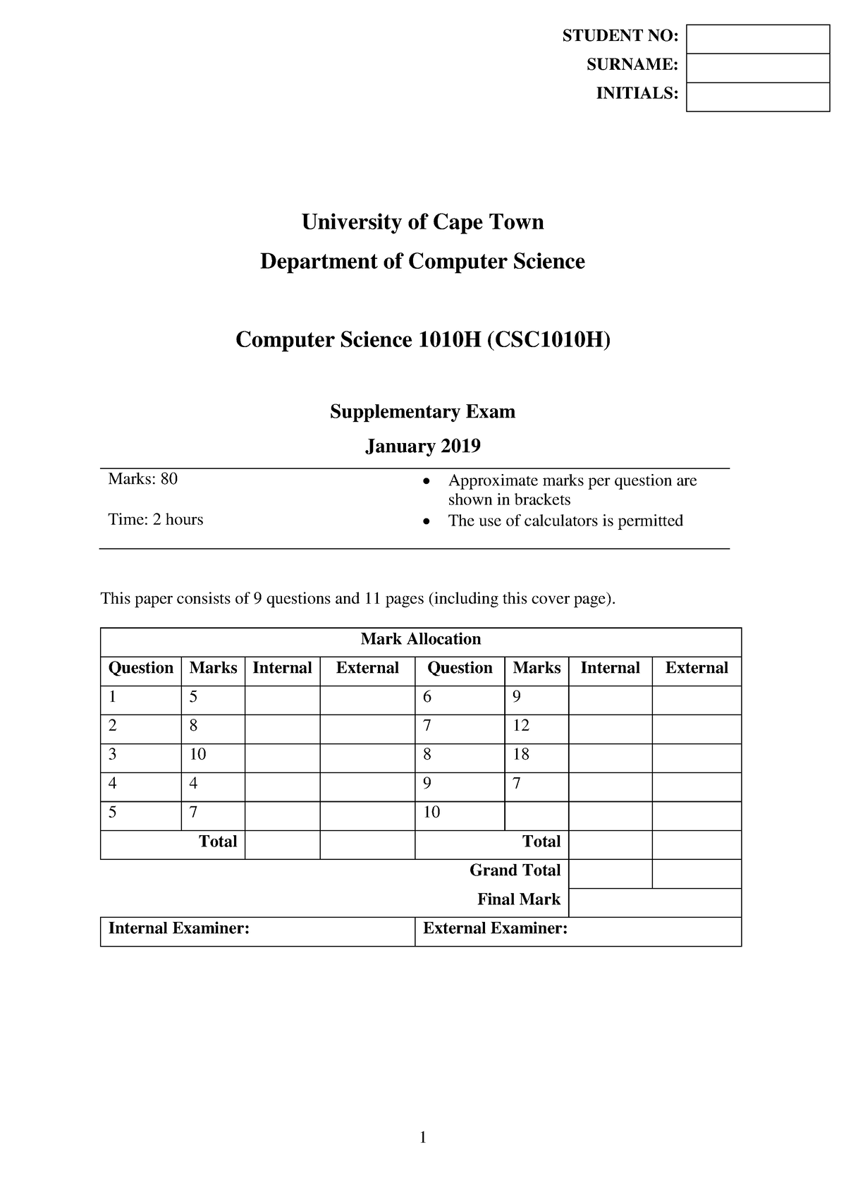 CSC1010H-Supp Exam-2018-19-Past Paper 211121 183810 - University Of ...