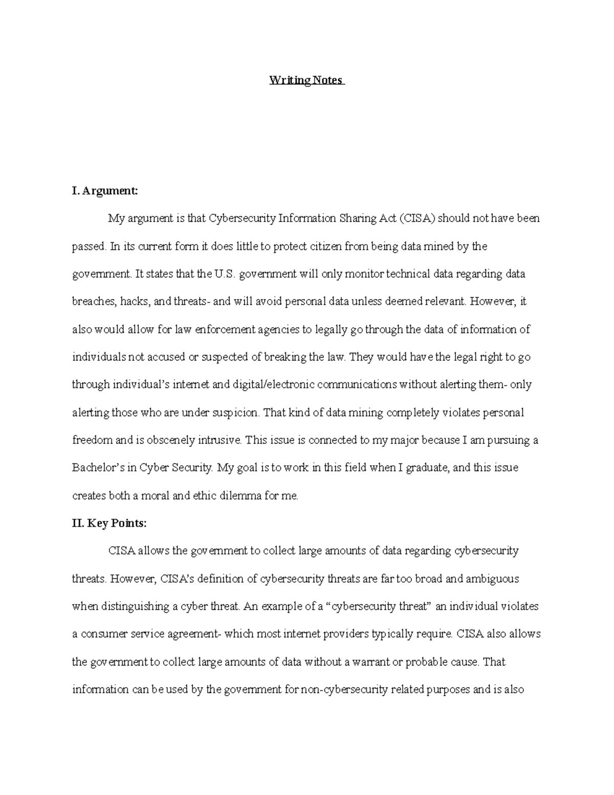 2-2 Writing Notes - Coursework - Writing Notes I. Argument: My argument ...