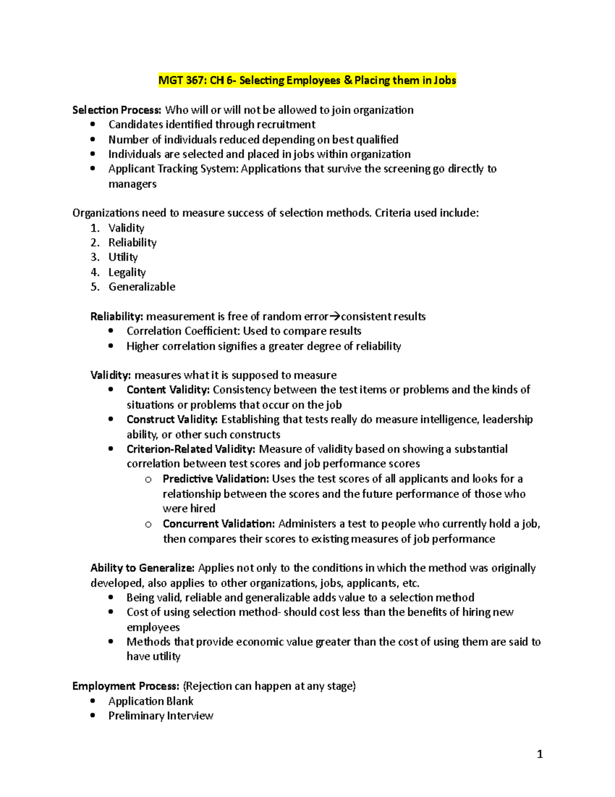 CH 6 - Lecture Notes 6 - MGT 367: CH 6- Selecting Employees & Placing ...