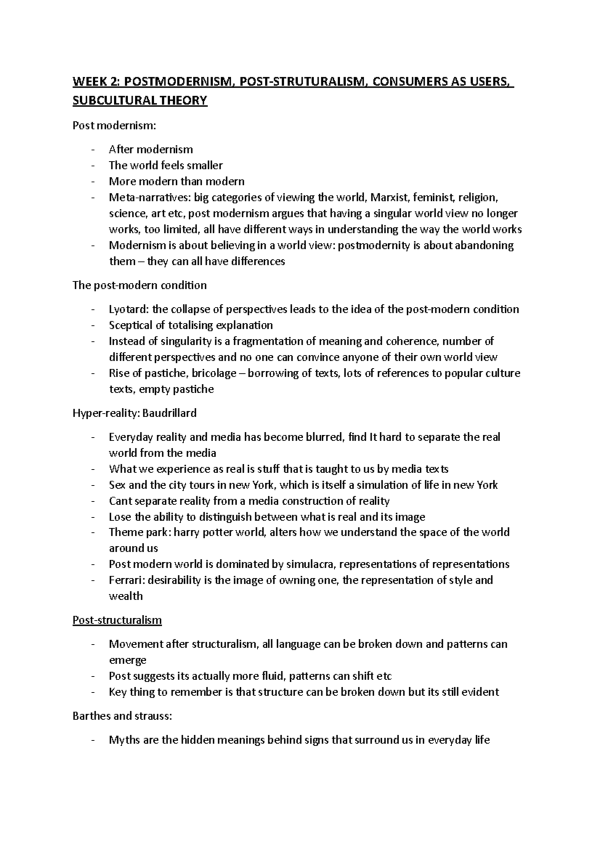 Lecture 2 postmodernism and poststructuralism WEEK 2 POSTMODERNISM, POSTSTRUTURALISM