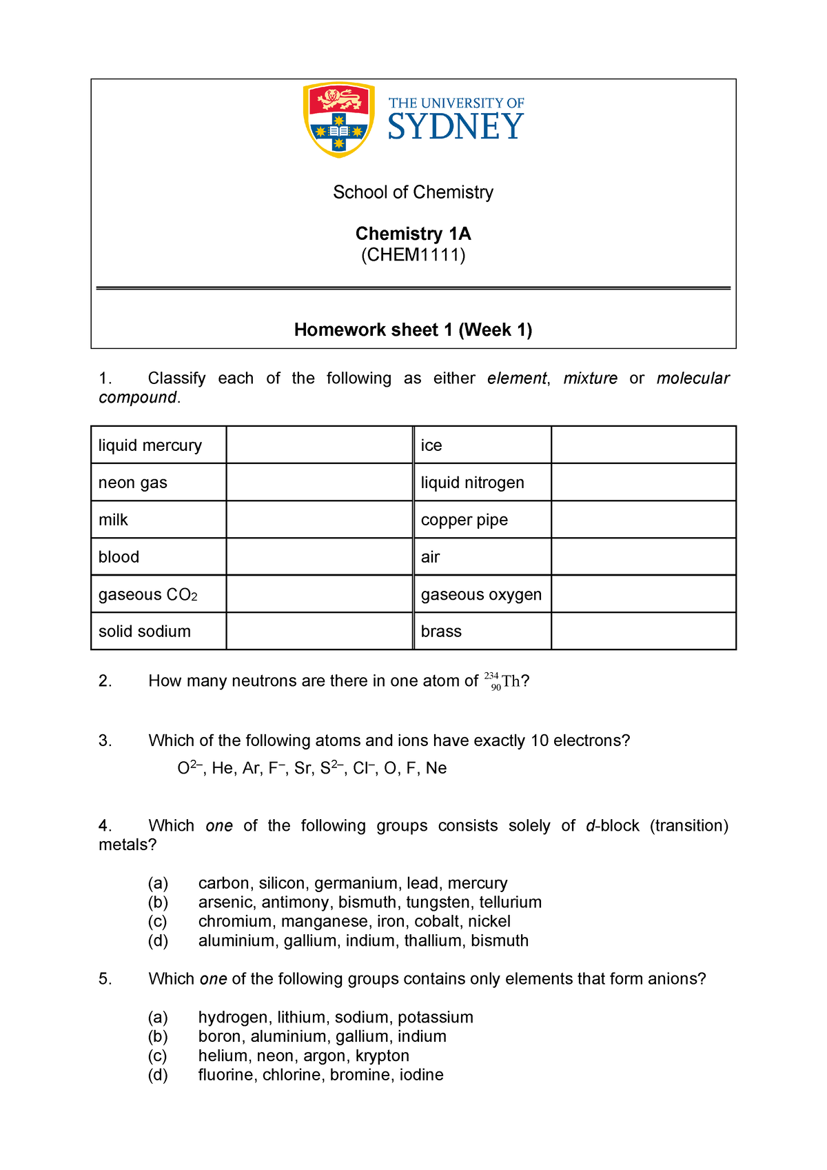 Chem1111 Tutorial Homework 01 - School Of Chemistry Chemistry 1A ...