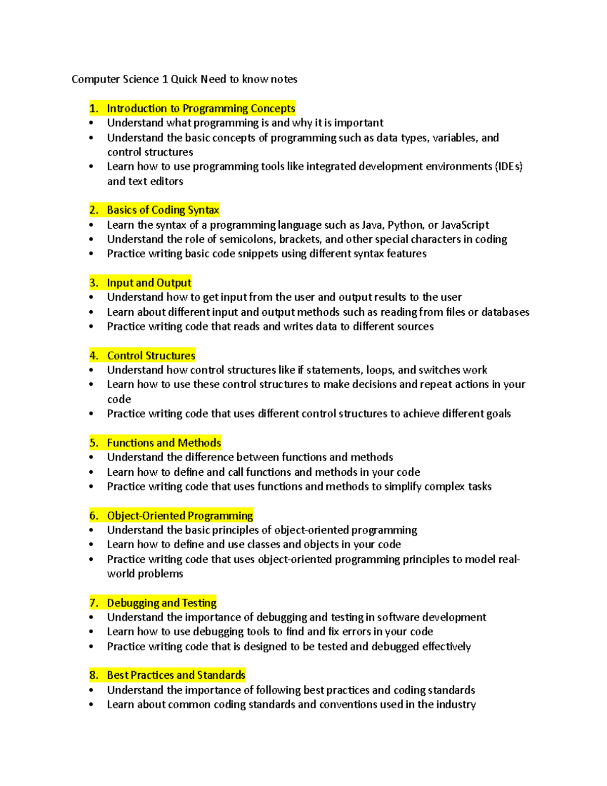 Computer Science 1 Quick Need to know notes - Introduction to ...