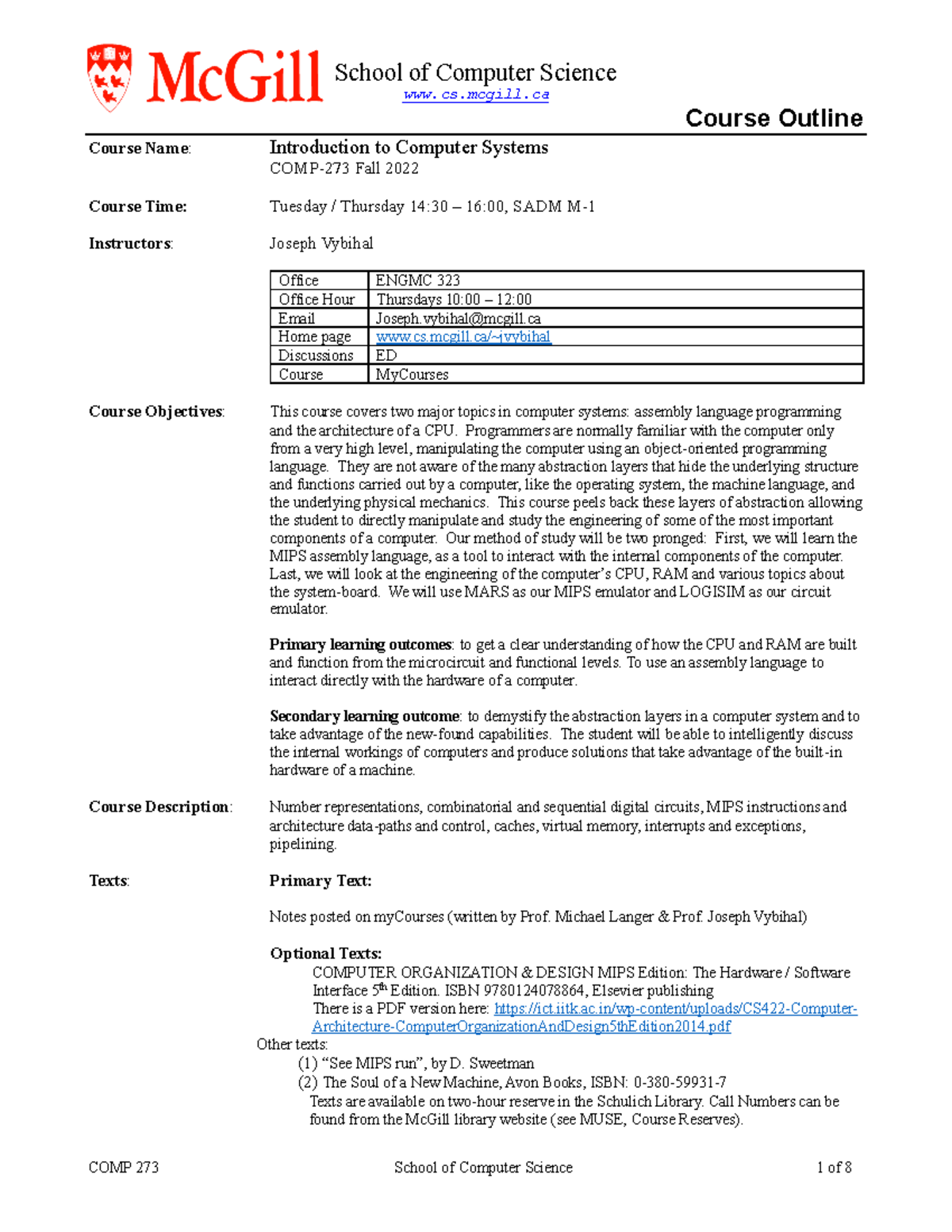 COMP 273 Course Outline Fall 2022 v4 - School of Computer Science cs
