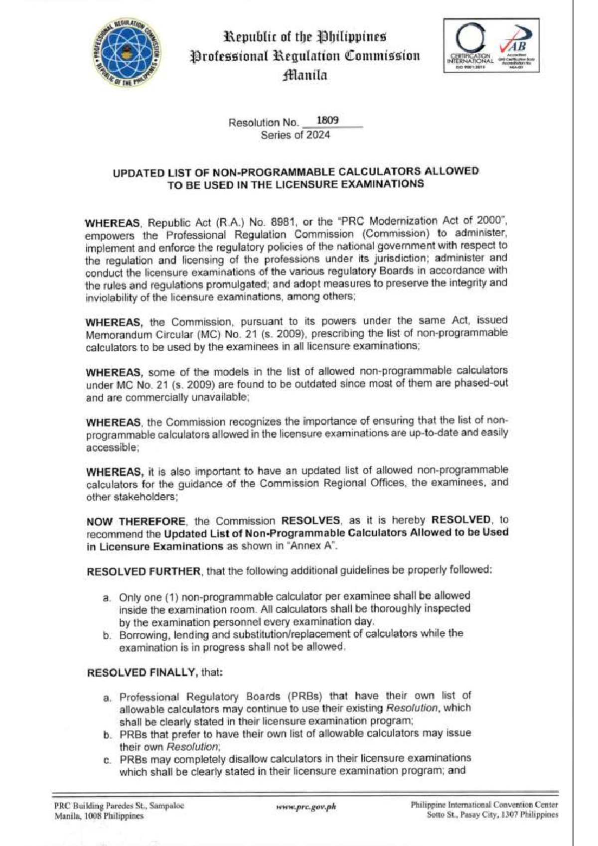 PRC Resolution NO. 1809 - REGULATION SHIPPING Republic of the ...
