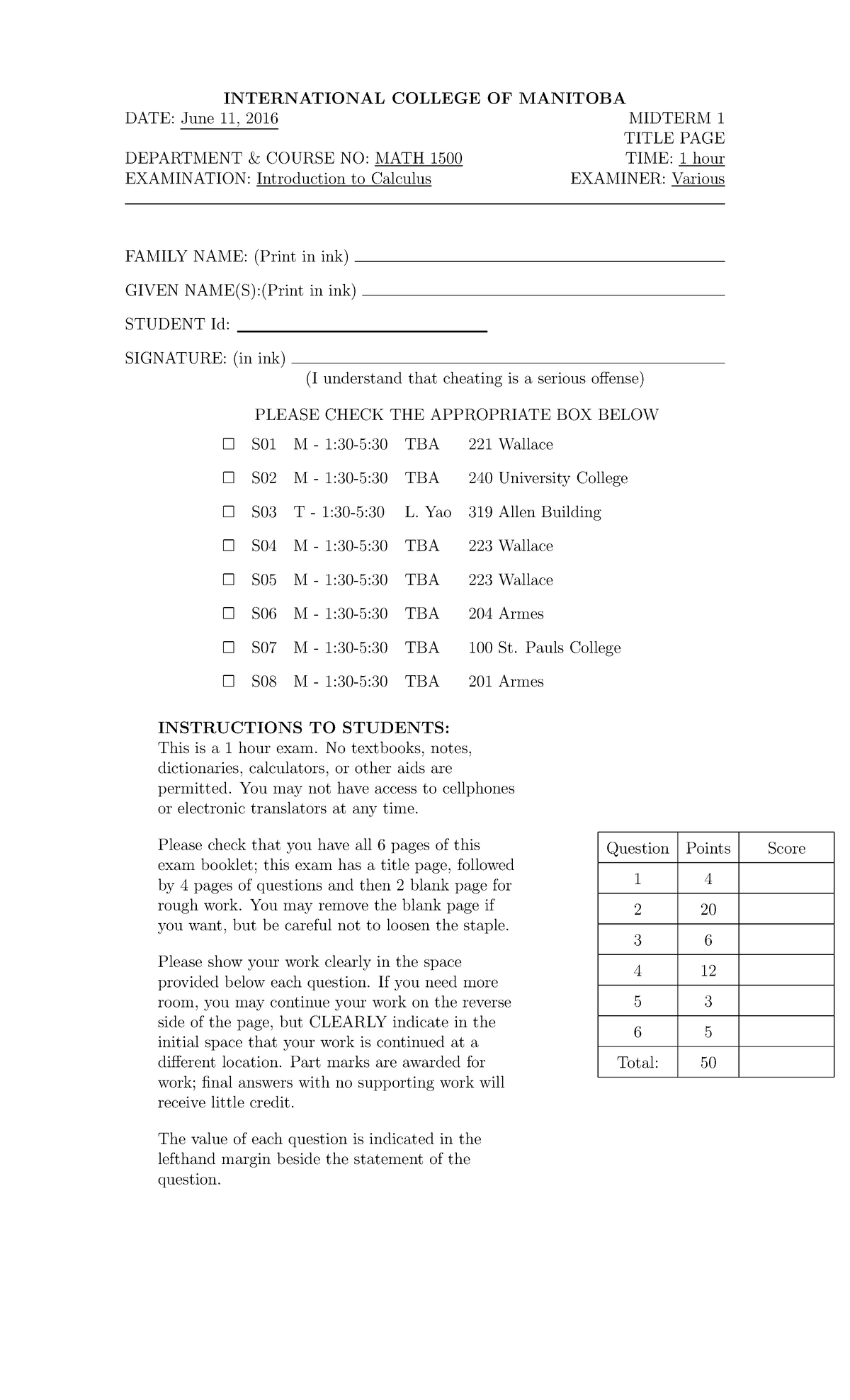 Midterm 2016 - DATE: June 11, 2016 DEPARTMENT & COURSE NO: MATH 1500 ...