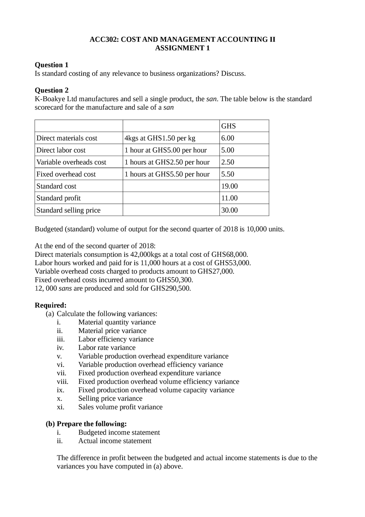 cost and management accounting assignment