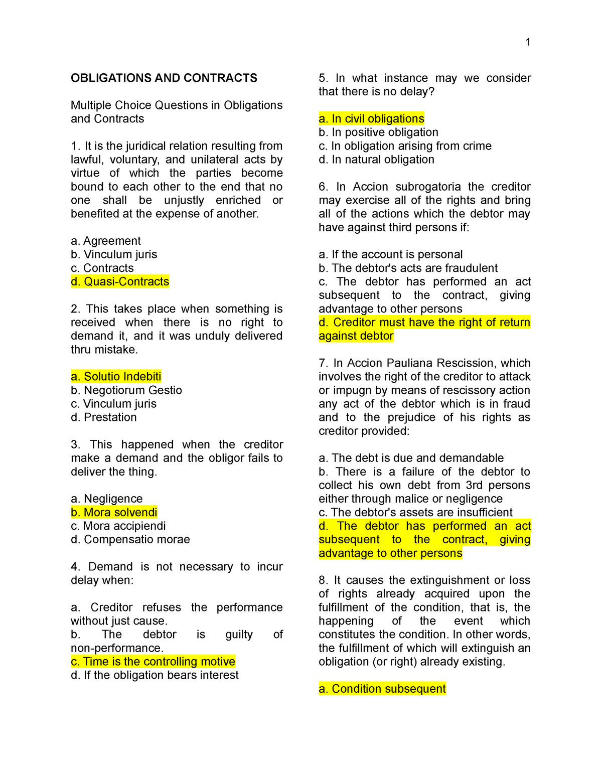 OBLI CON Reviewer - OBLIGATIONS AND CONTRACTS Multiple Choice Questions ...