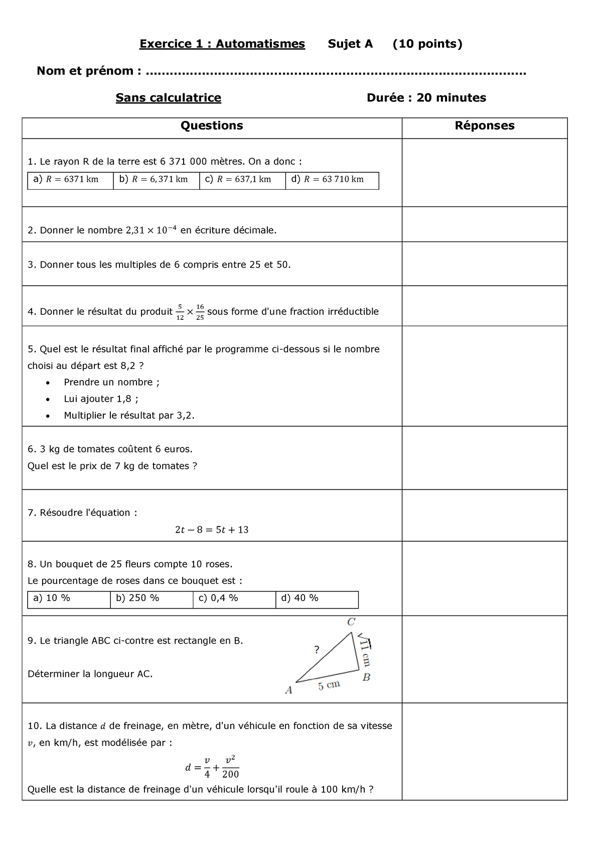 Automatismes devoir commun - Exercice 1 : Automatismes Sujet A (10 ...