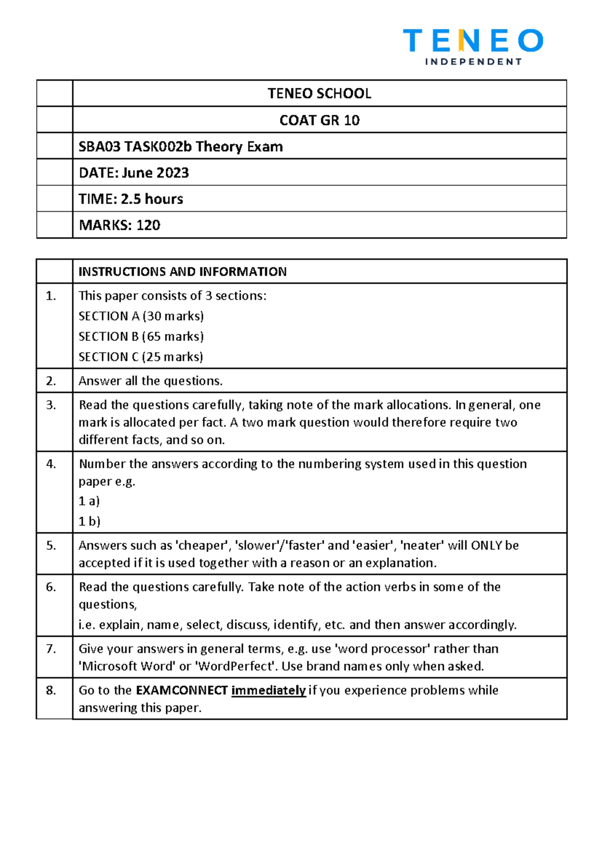 Grade 10 CAT June Theory Exam 2023 - INSTRUCTIONS AND INFORMATION 1 ...
