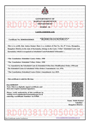 Cast Certificate - GOVERNMENT OF KARNATAKAREVENUE DEPARTMENT FORM - D ...