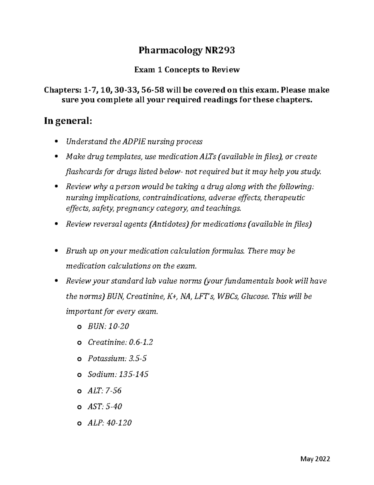 Exam 1 Study Guide - Notes - Pharmacology NR Exam 1 Concepts To Review ...