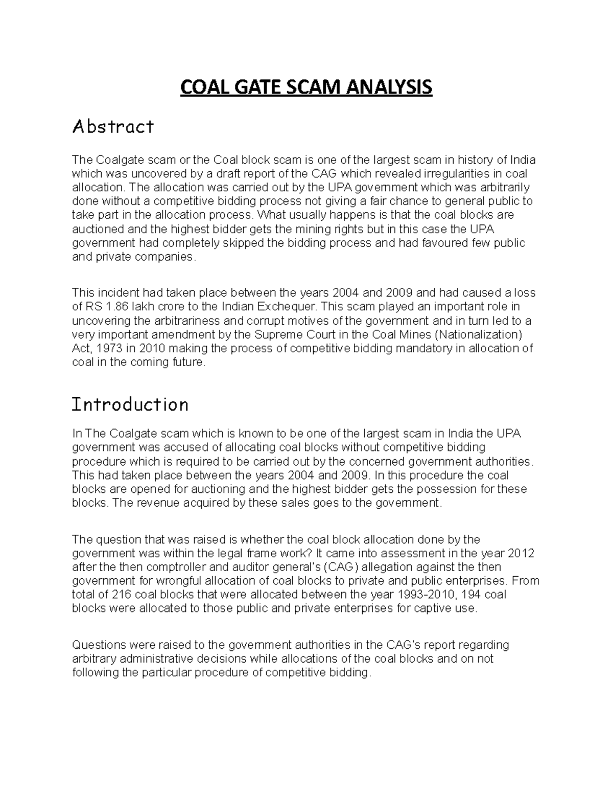COAL GATE SCAM Analysis COAL GATE SCAM ANALYSIS Abstract The Coalgate