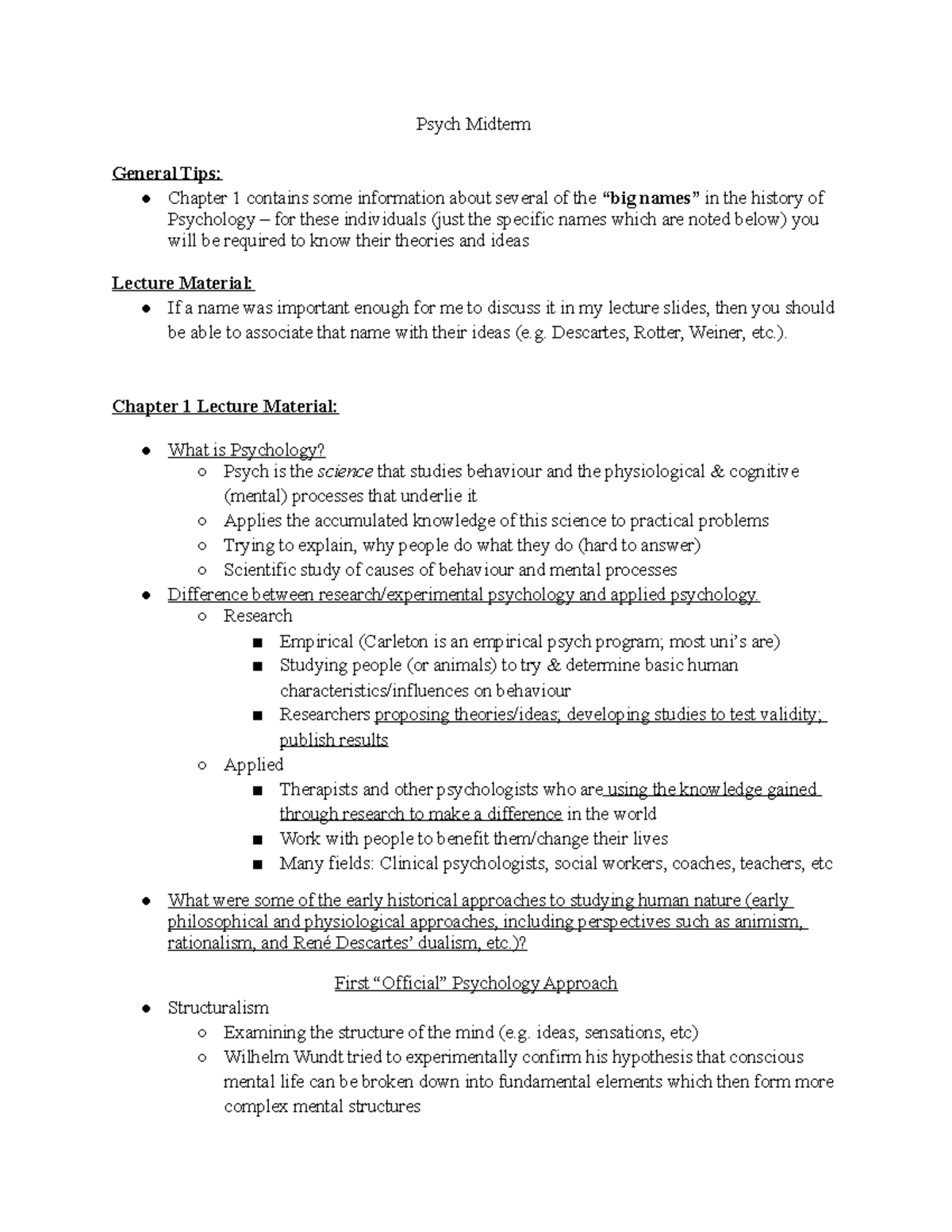 Psych Midterm 1 - Notes - Psych Midterm General Tips: Chapter 1 ...