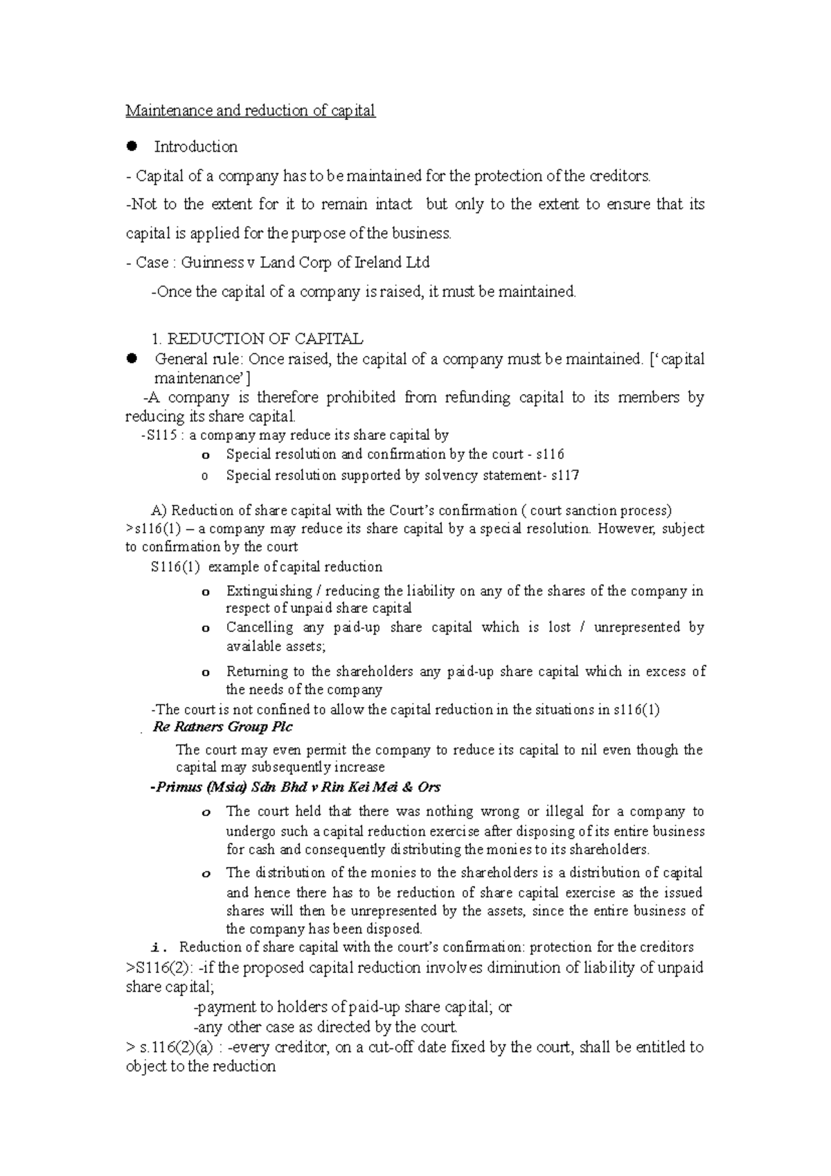 Maintenance and reduction of capital own notes - Maintenance and ...