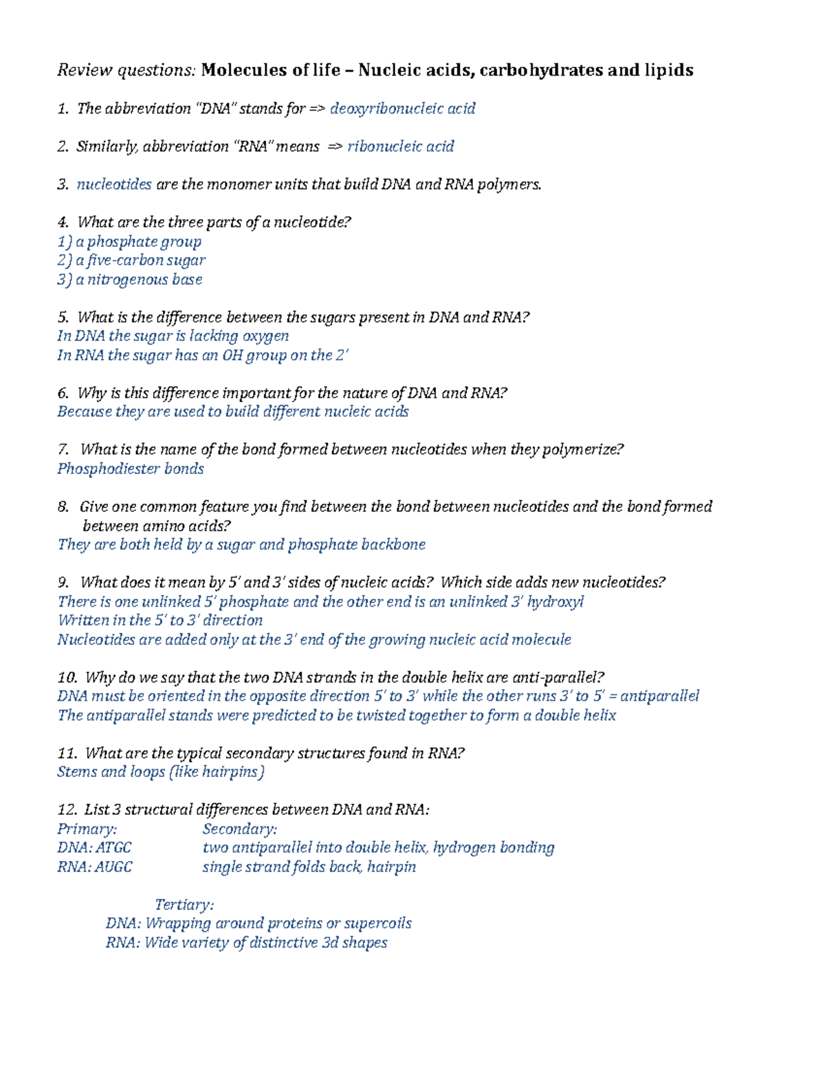 biology molecules of life quiz