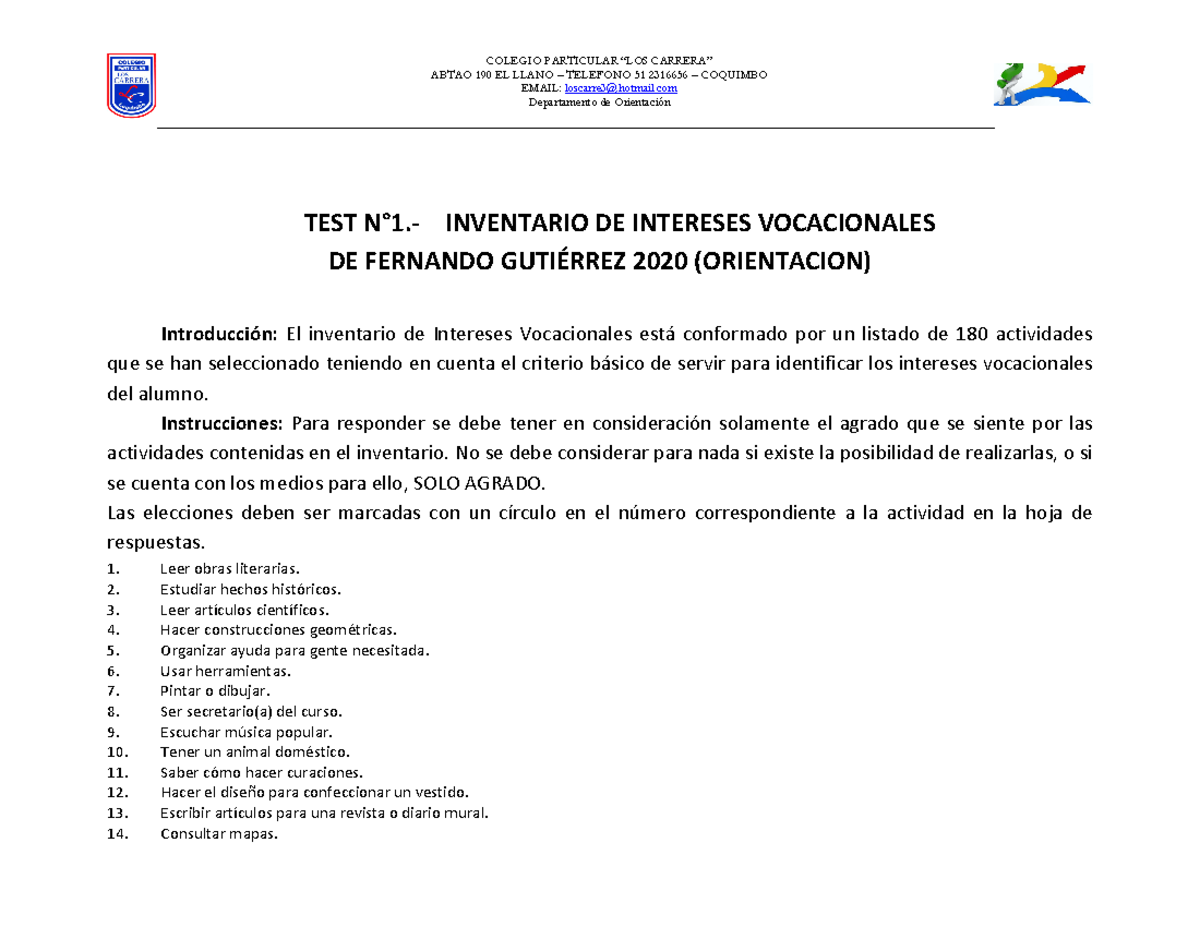 Inventario de Interes Vocacional - TEST N°1.- - Studocu