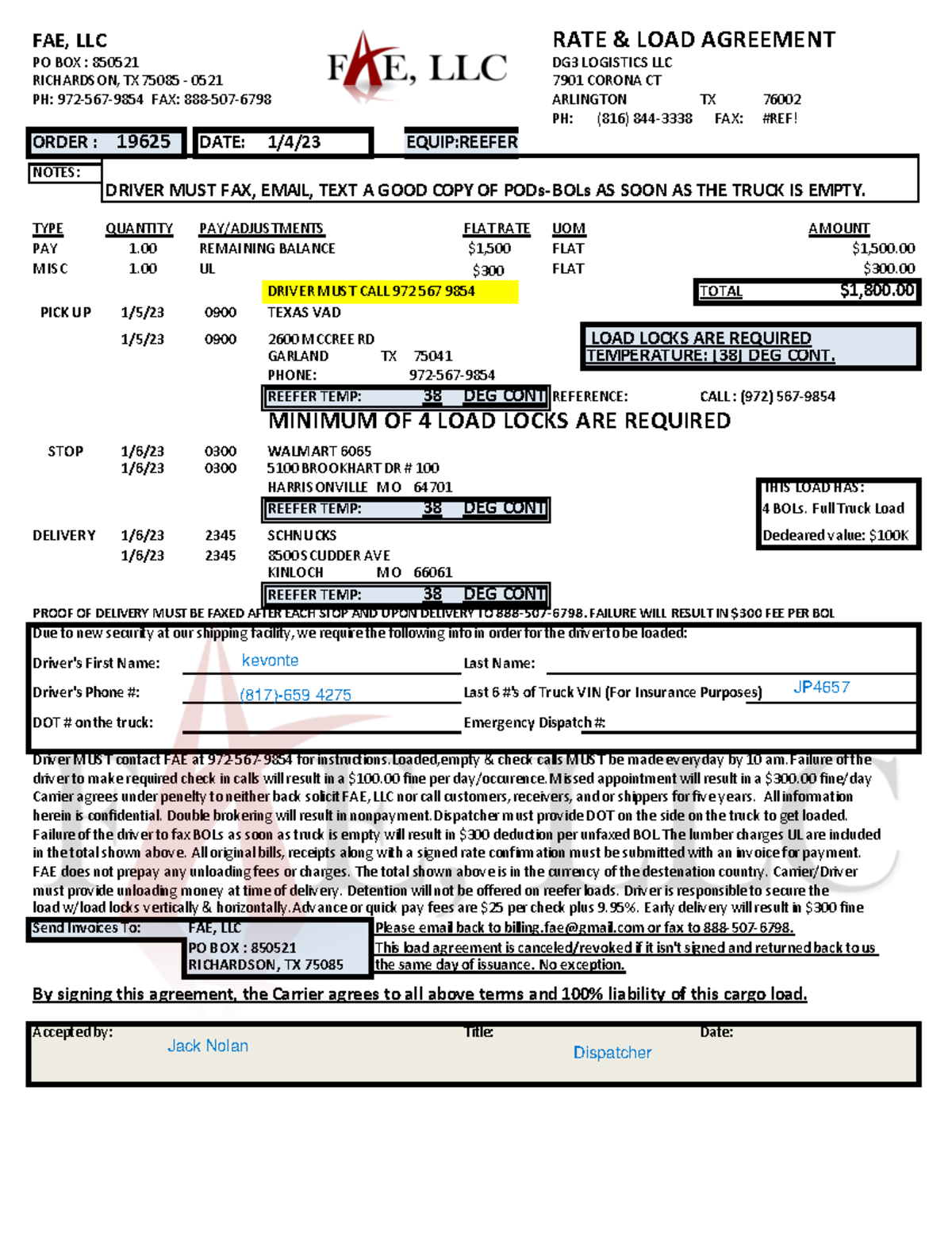 TX-MO global frieght - FAE, LLC RATE & LOAD AGREEMENT PO BOX : 850521 ...