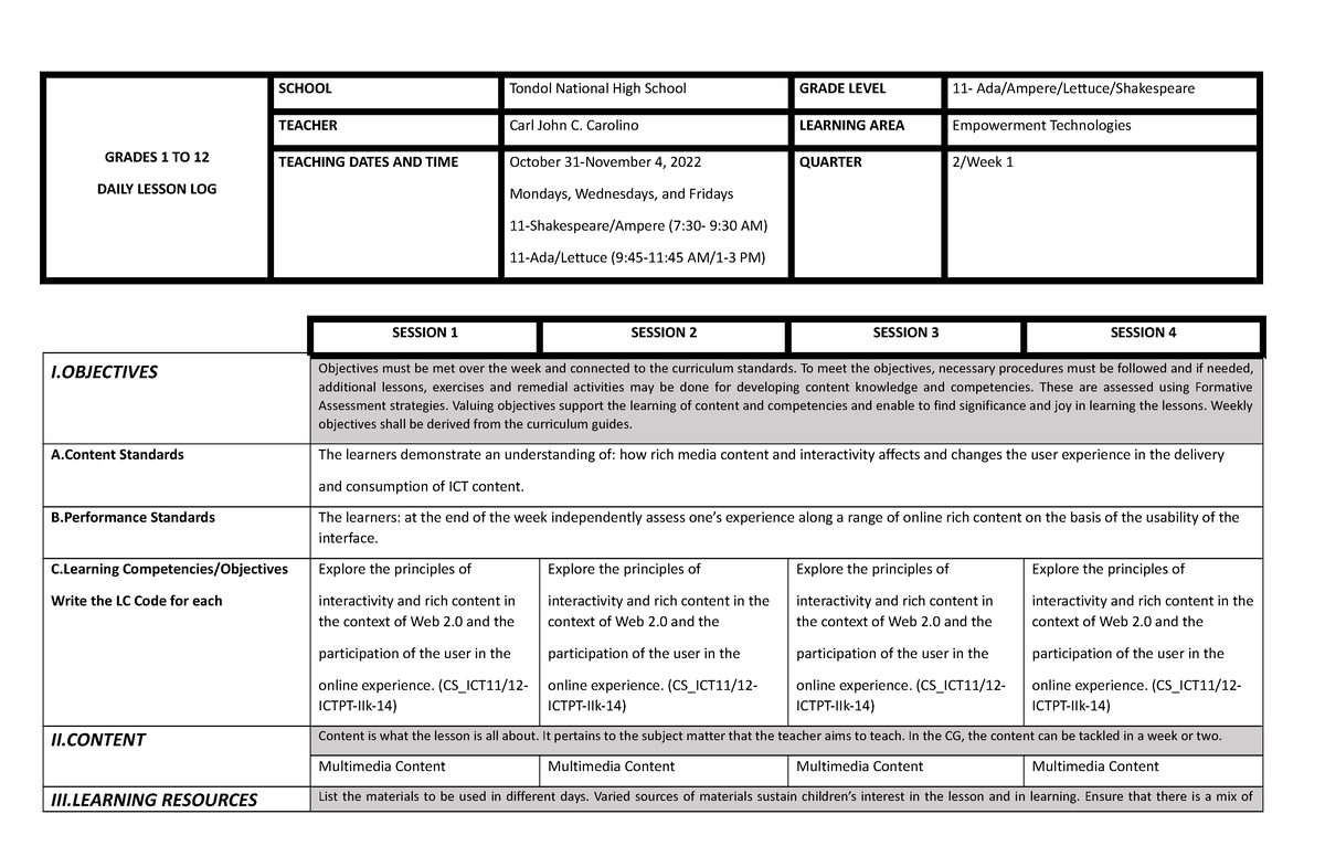 ET Q2 W1 - Lecture - GRADES 1 TO 12 DAILY LESSON LOG SCHOOL Tondol ...