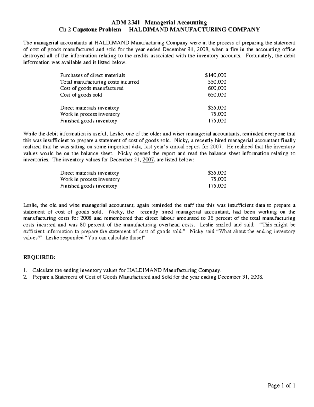 ADM2341 Ch 2 Capstone - Page 1 of 1 ADM 2341 Managerial Accounting Ch 2 ...