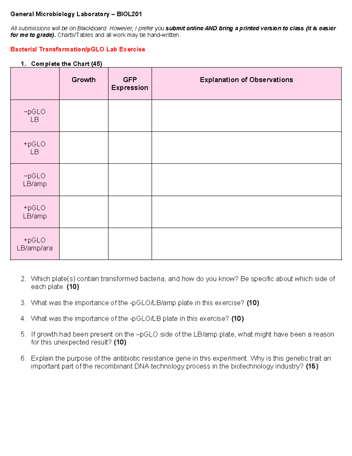 Bacterial Transformation Exercise - General Microbiology Laboratory ...