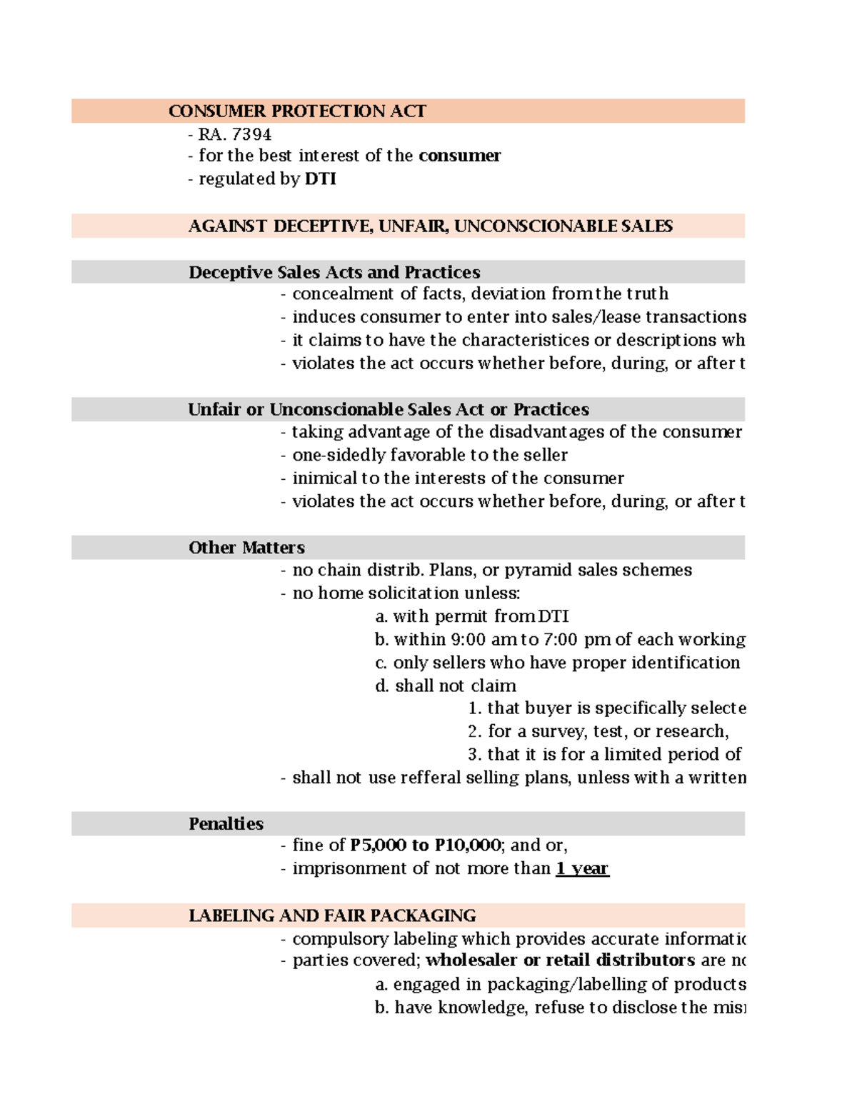 RFBT Notes 1 - CONSUMER PROTECTION ACT - RA. 7394 for the best interest ...