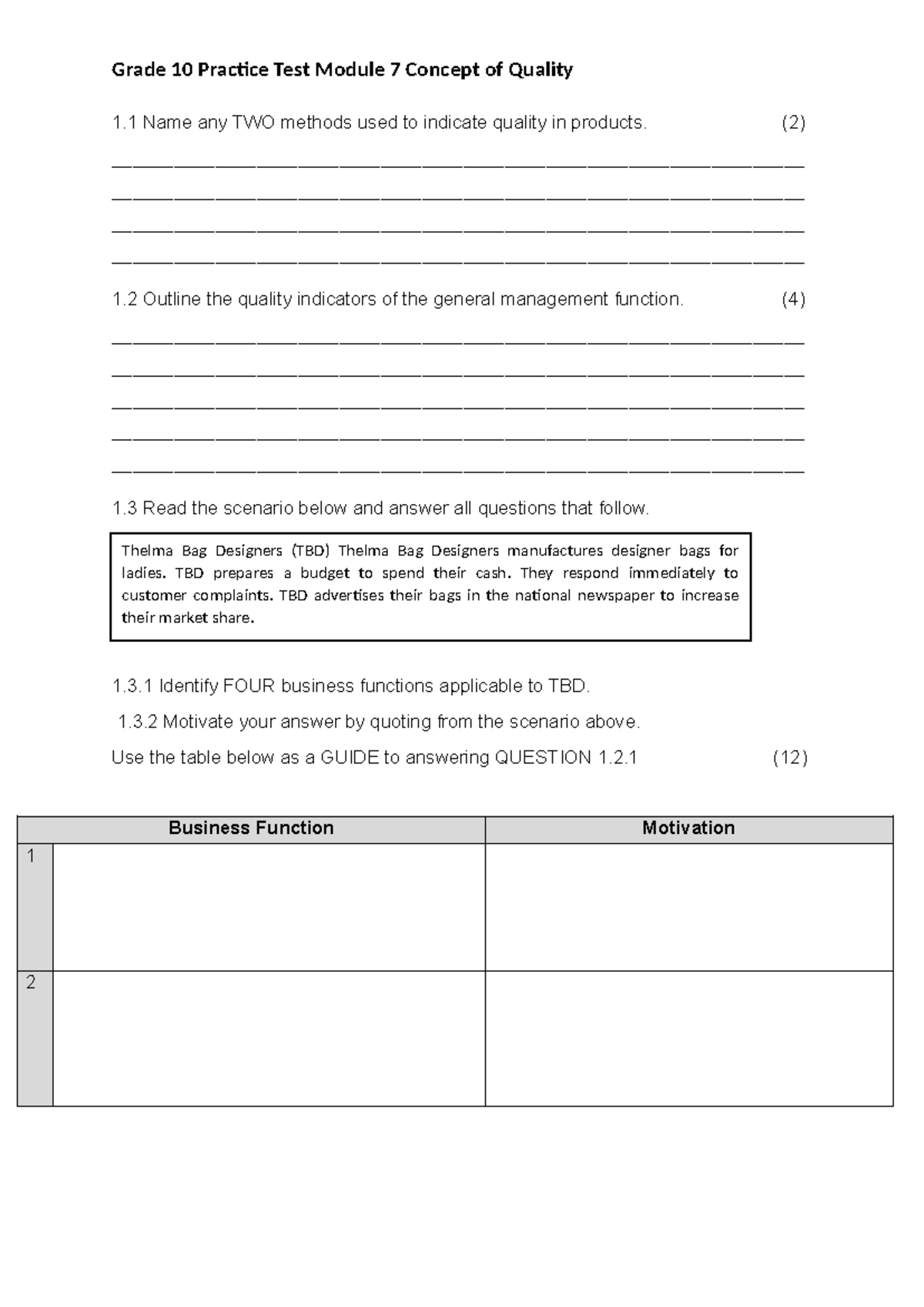 Grade 10 Practice Test Concept of Quality - Grade 10 Practice Test ...