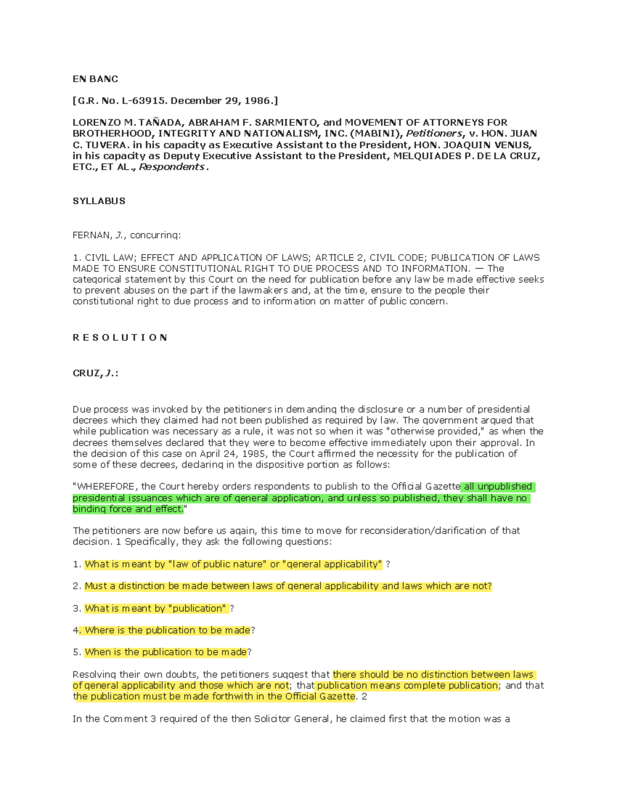 Tanada vs tuvera - Case - EN BANC [G. No. L-63915. December 29, 1986 ...