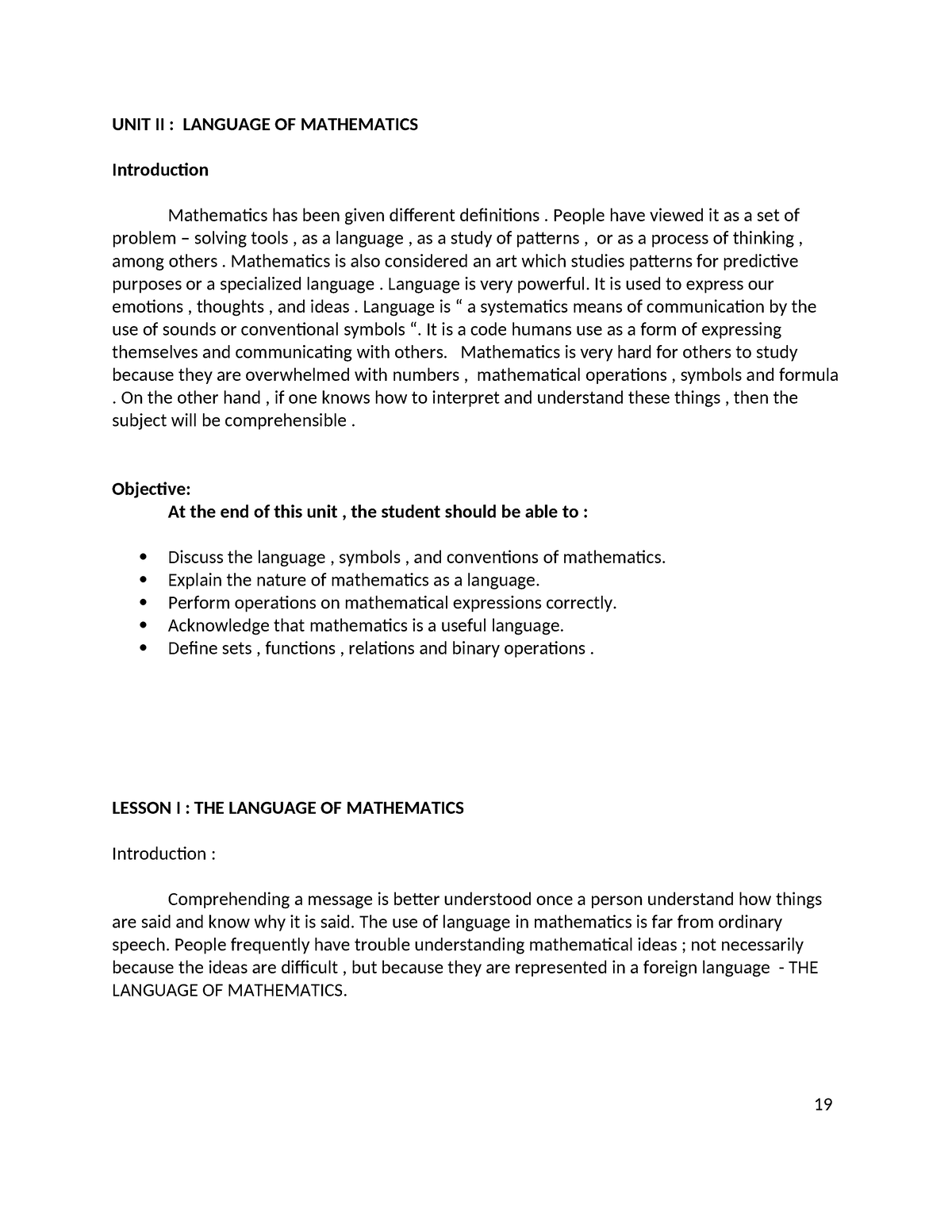 Mathematicsunit-2-lesson - UNIT II : LANGUAGE OF MATHEMATICS ...