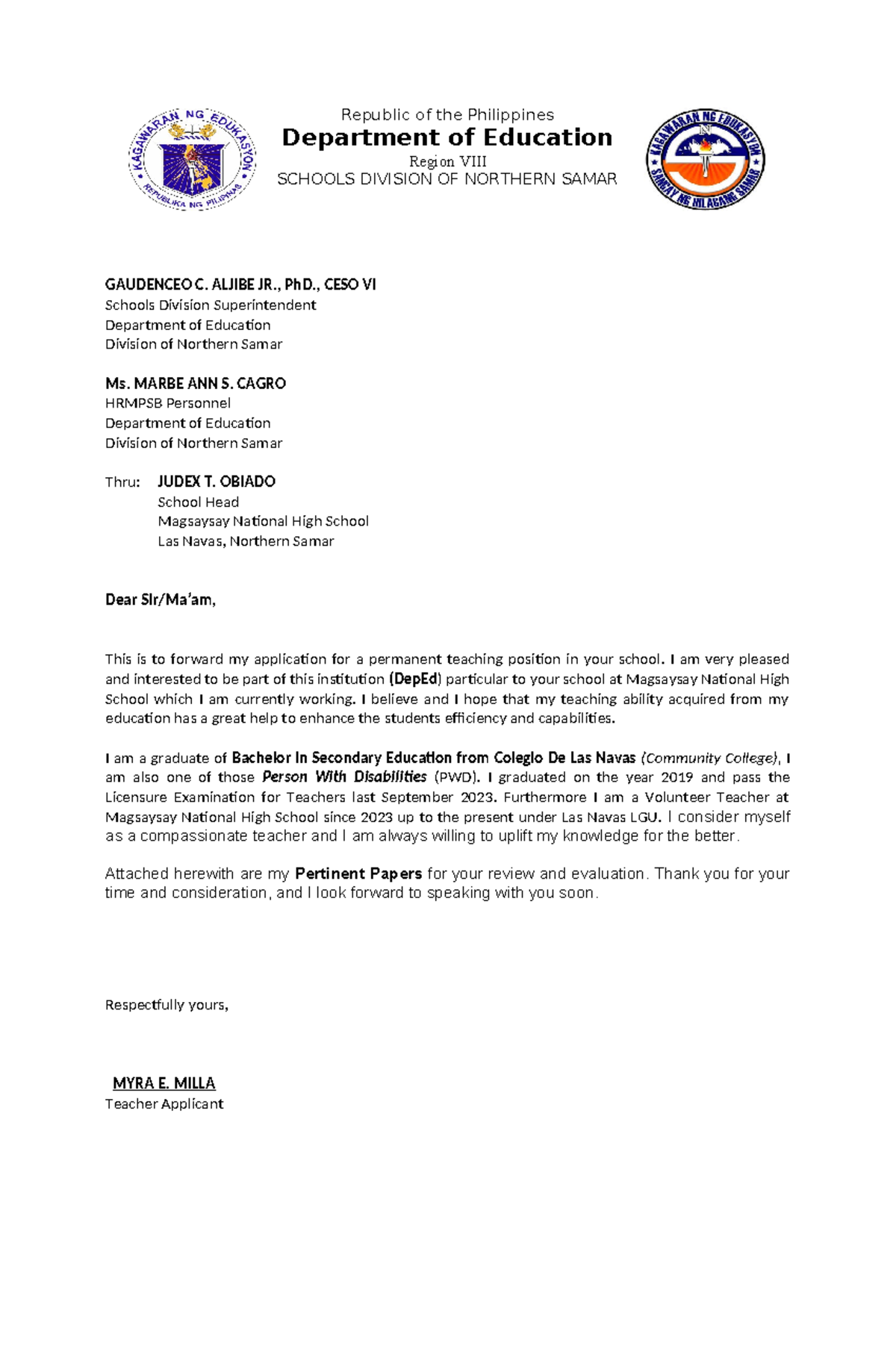 Myra Application Letter - Republic Of The Philippines Department Of 