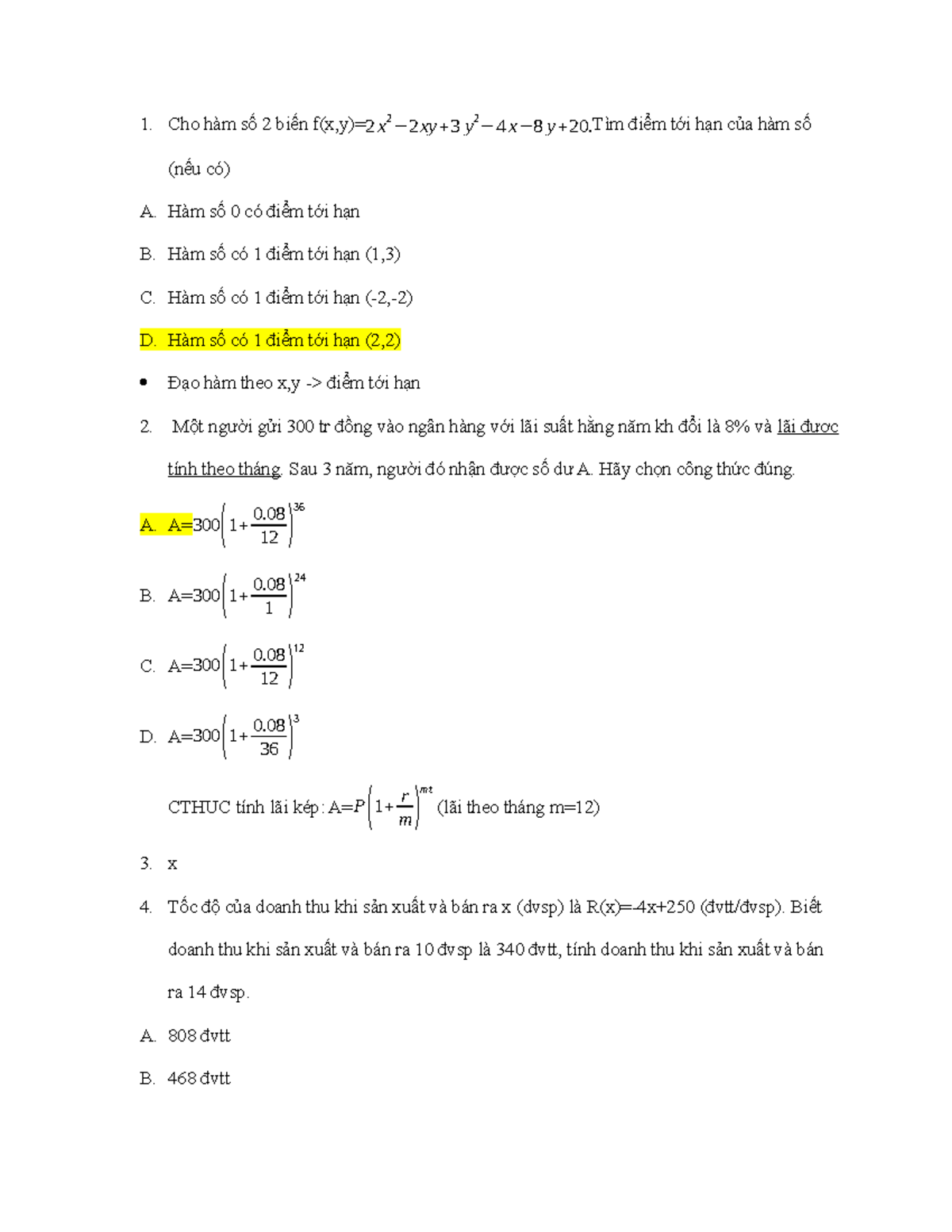 TOÁN C - Cho hàm số 2 biến f(x,y)= 2 x 2 − 2 xy + 3 y 2 − 4 x− 8 y +20 ...