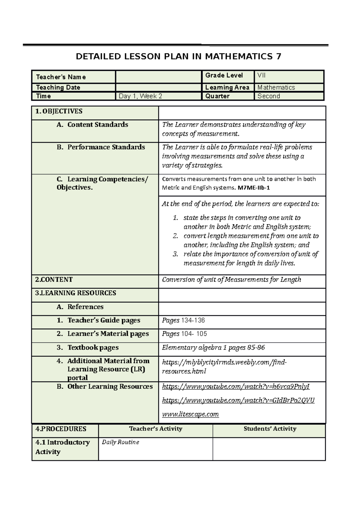 Lesson Plan For Second Grade