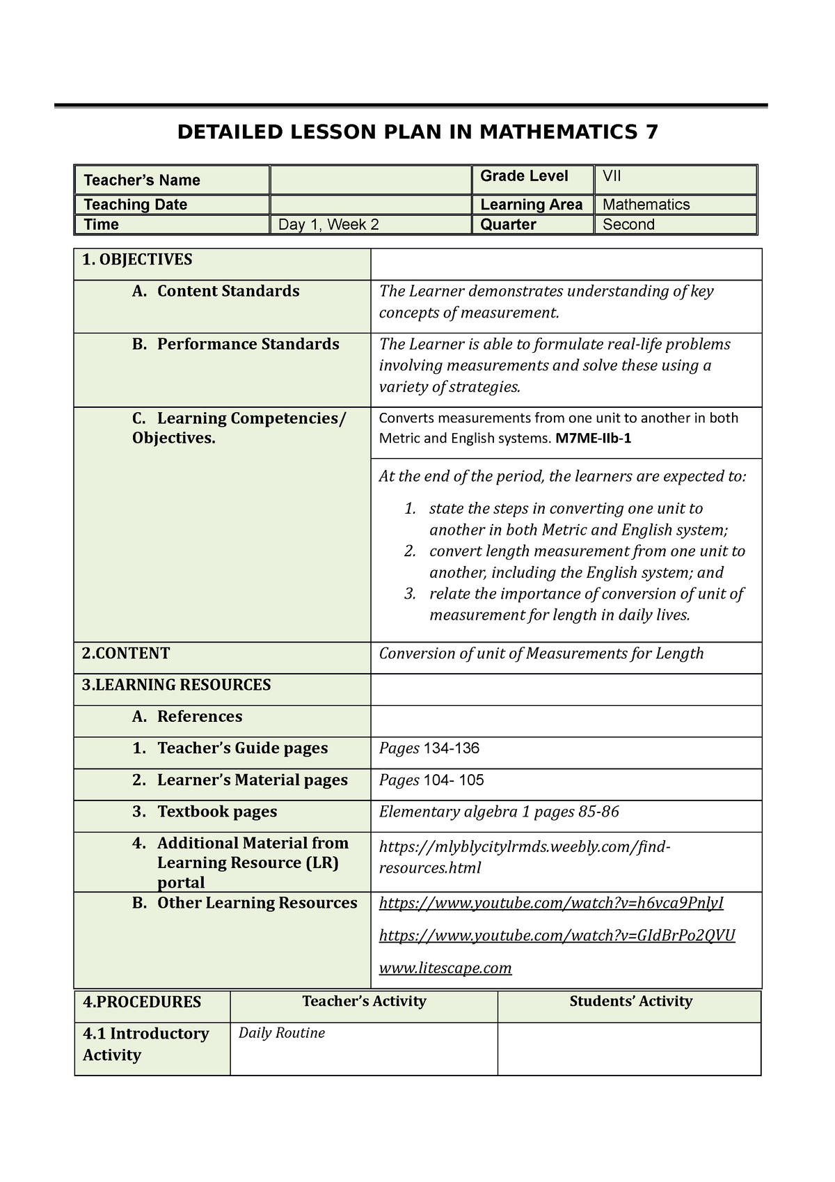 Math Lesson Plan COT 2nd Quarter DETAILED LESSON PLAN IN MATHEMATICS 