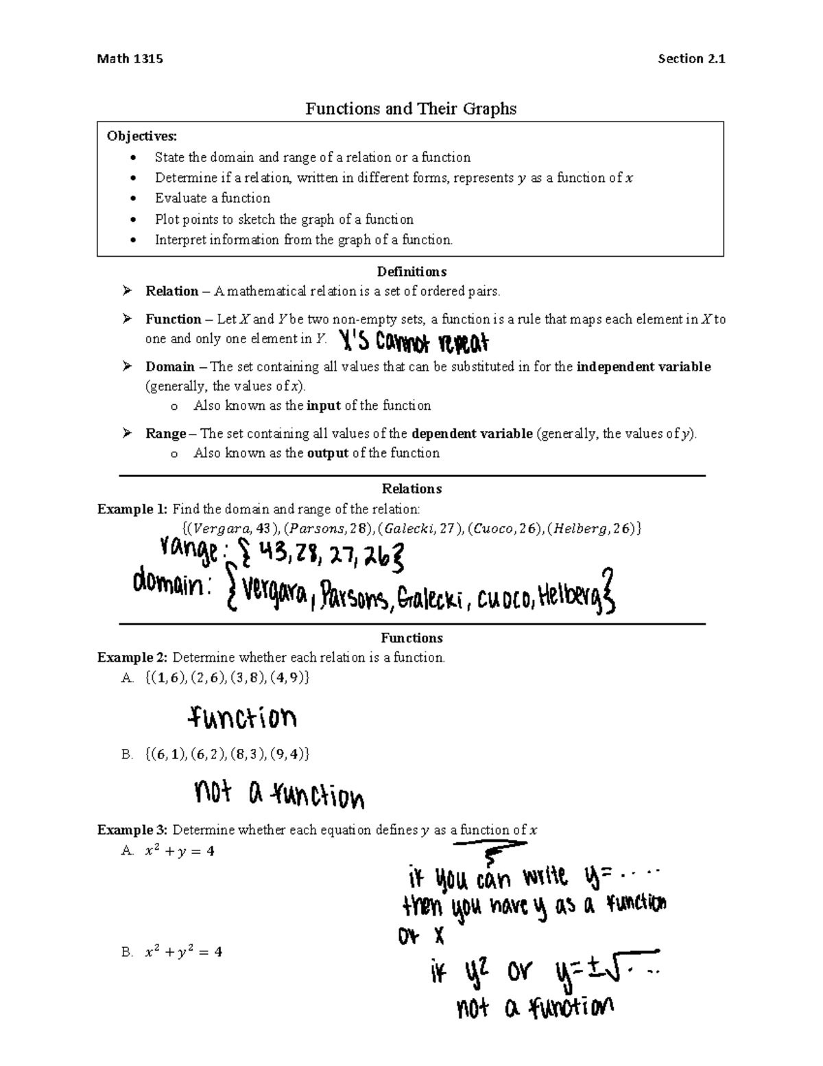 Section 2 1 Notes Math 1315 Section 2 Functions And Their Graphs 